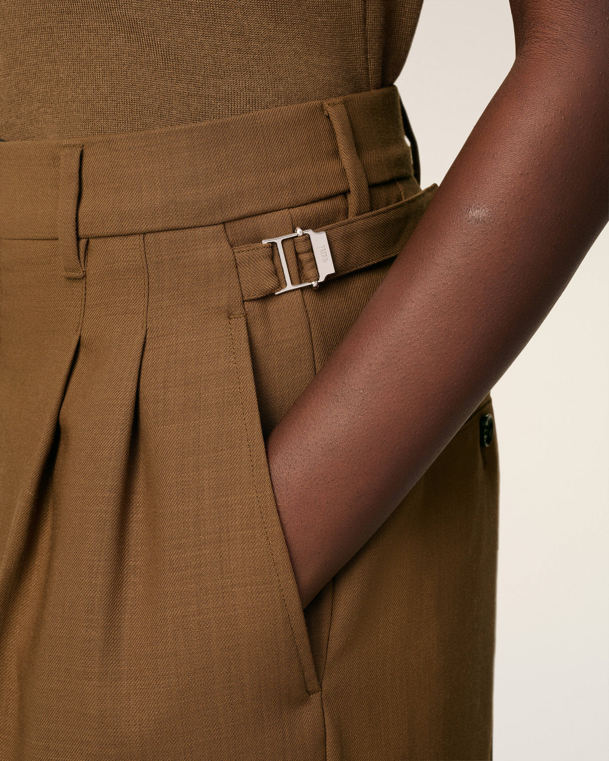 Brown Wool High Waist Tabs Wide Trousers