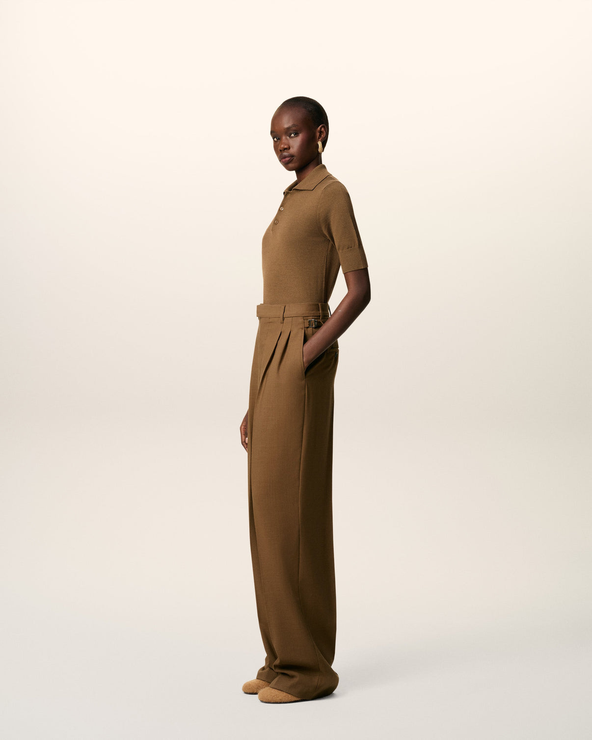 Brown Wool High Waist Tabs Wide Trousers