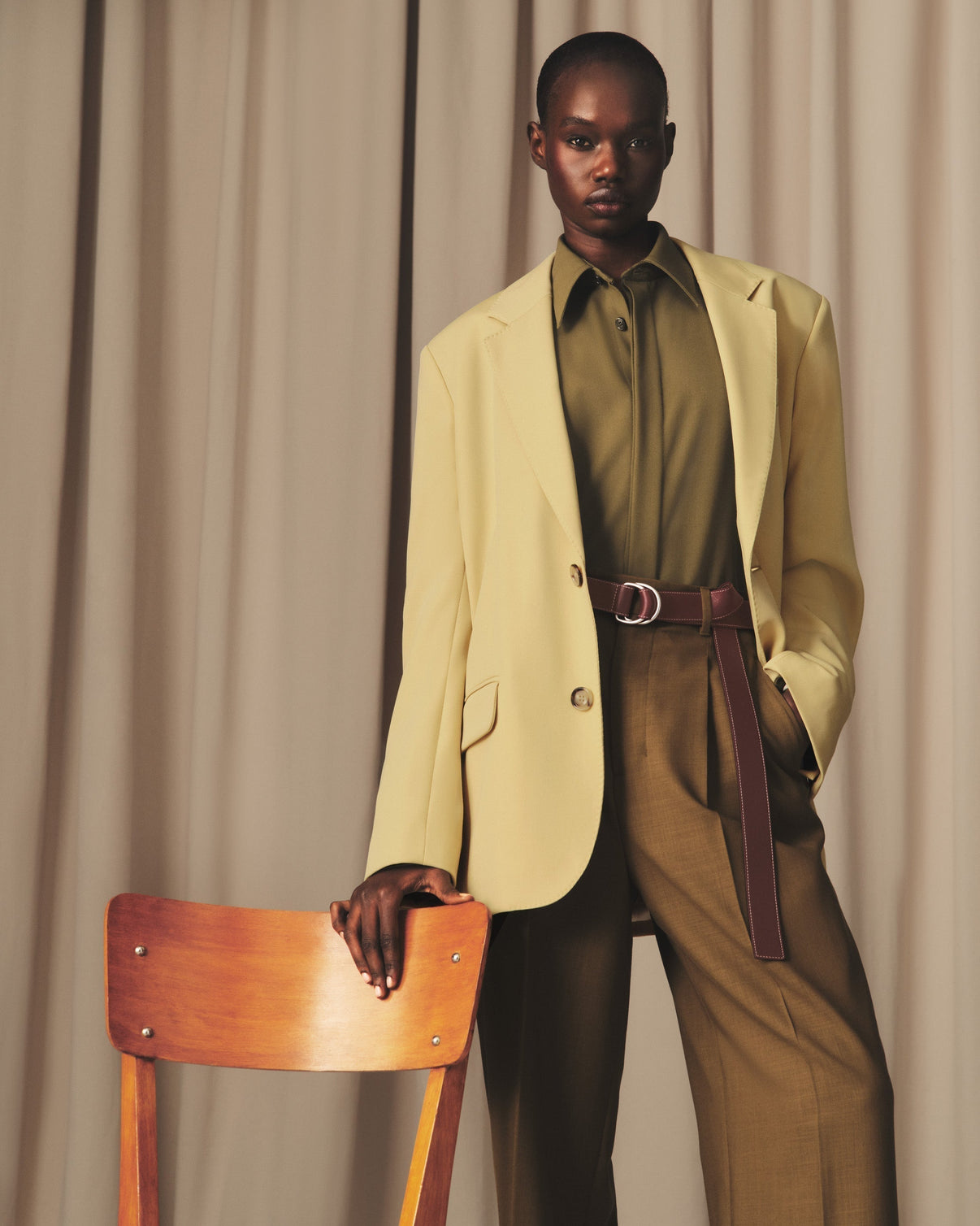 Brown Wool High Waist Tabs Wide Trousers