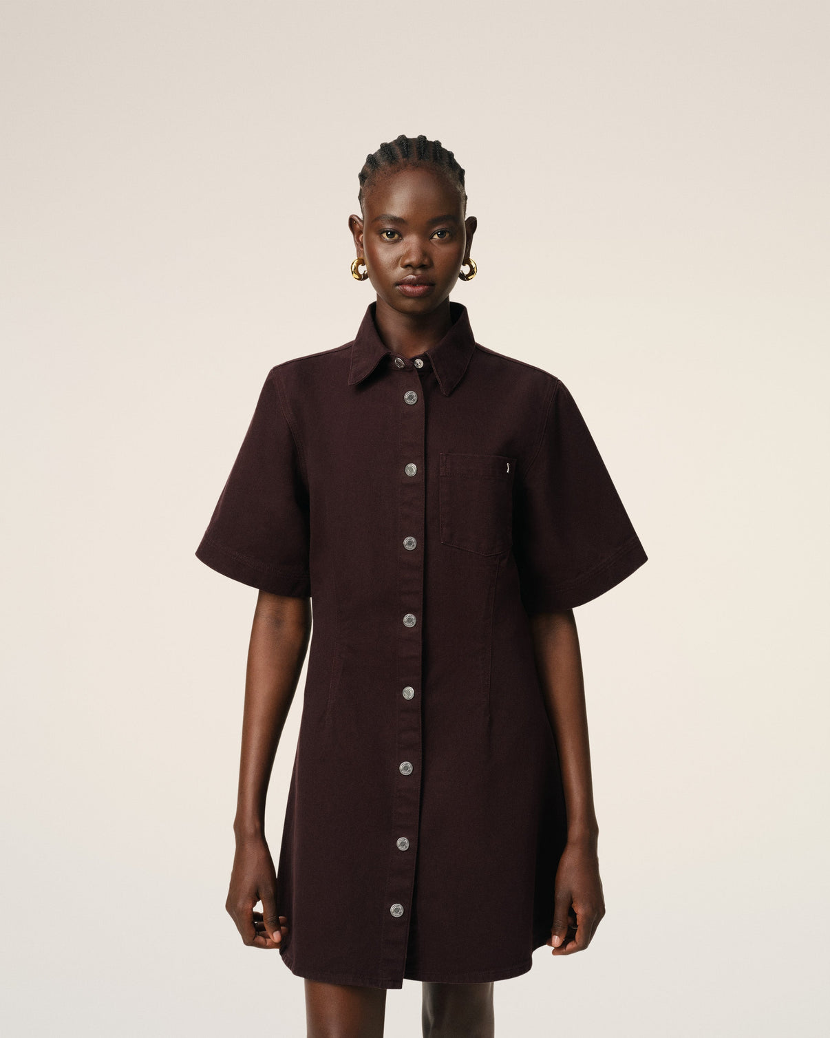 Burgundy Cotton Short Sleeve Shirt Dress