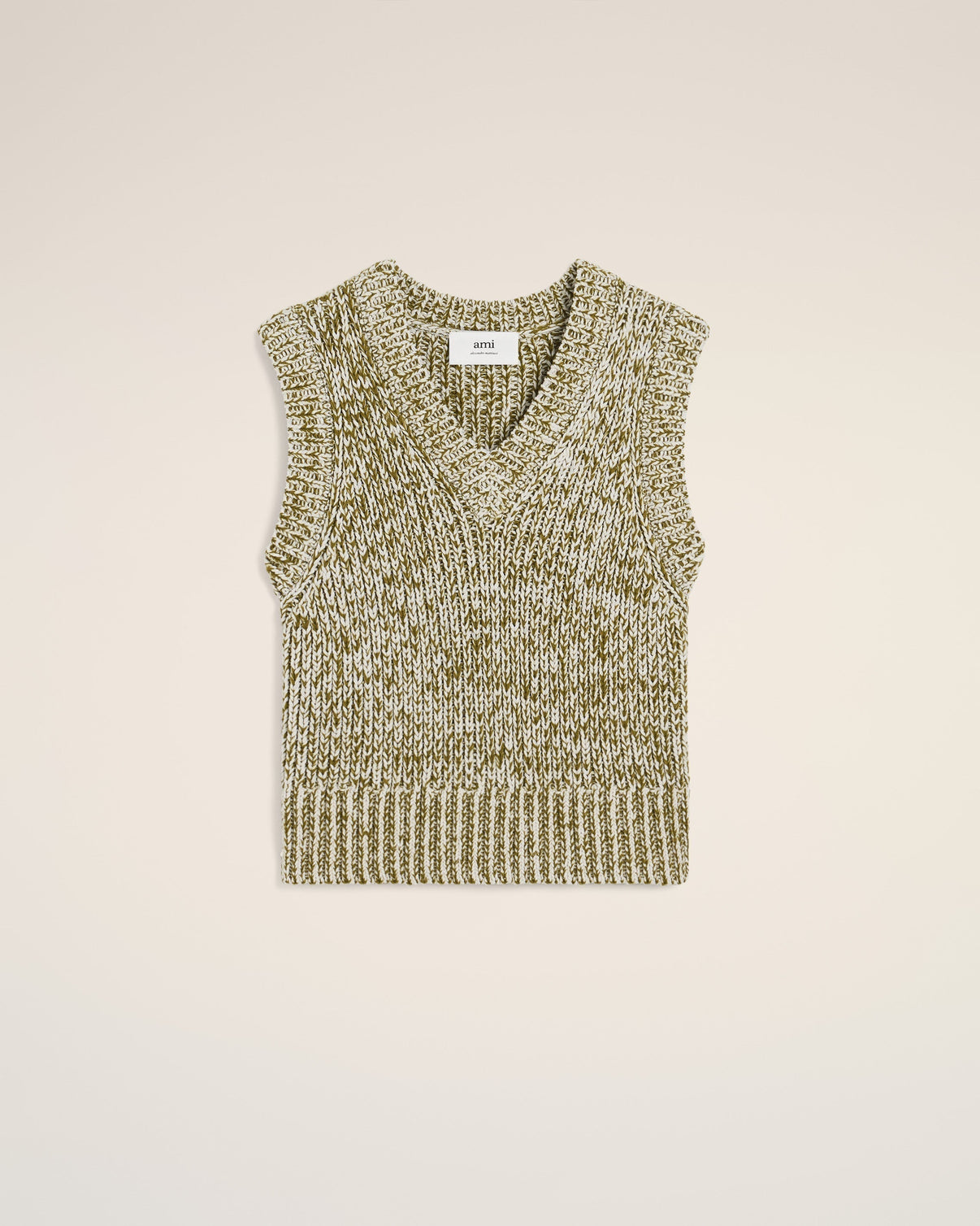 Green Cotton And Wool Sleeveless V Neck Sweater