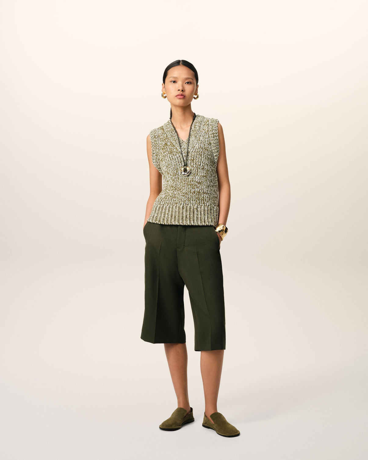 Green Cotton And Wool Sleeveless V Neck Sweater