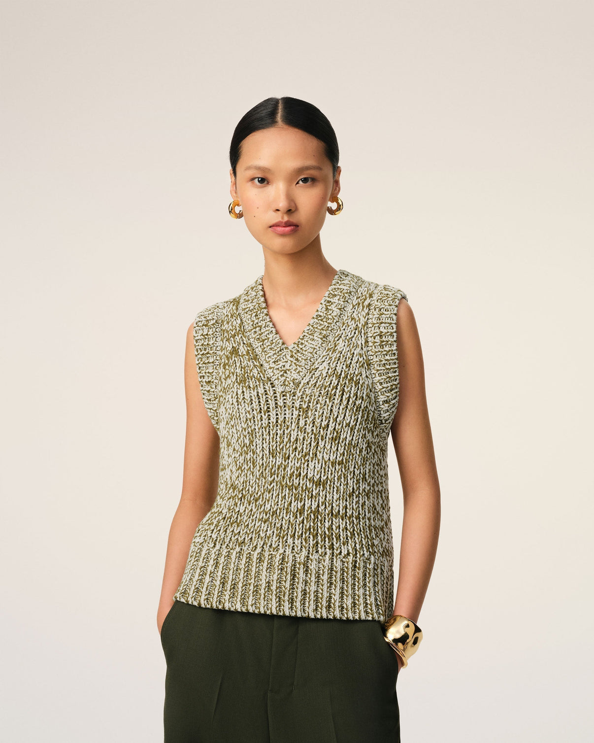 Green Cotton And Wool Sleeveless V Neck Sweater