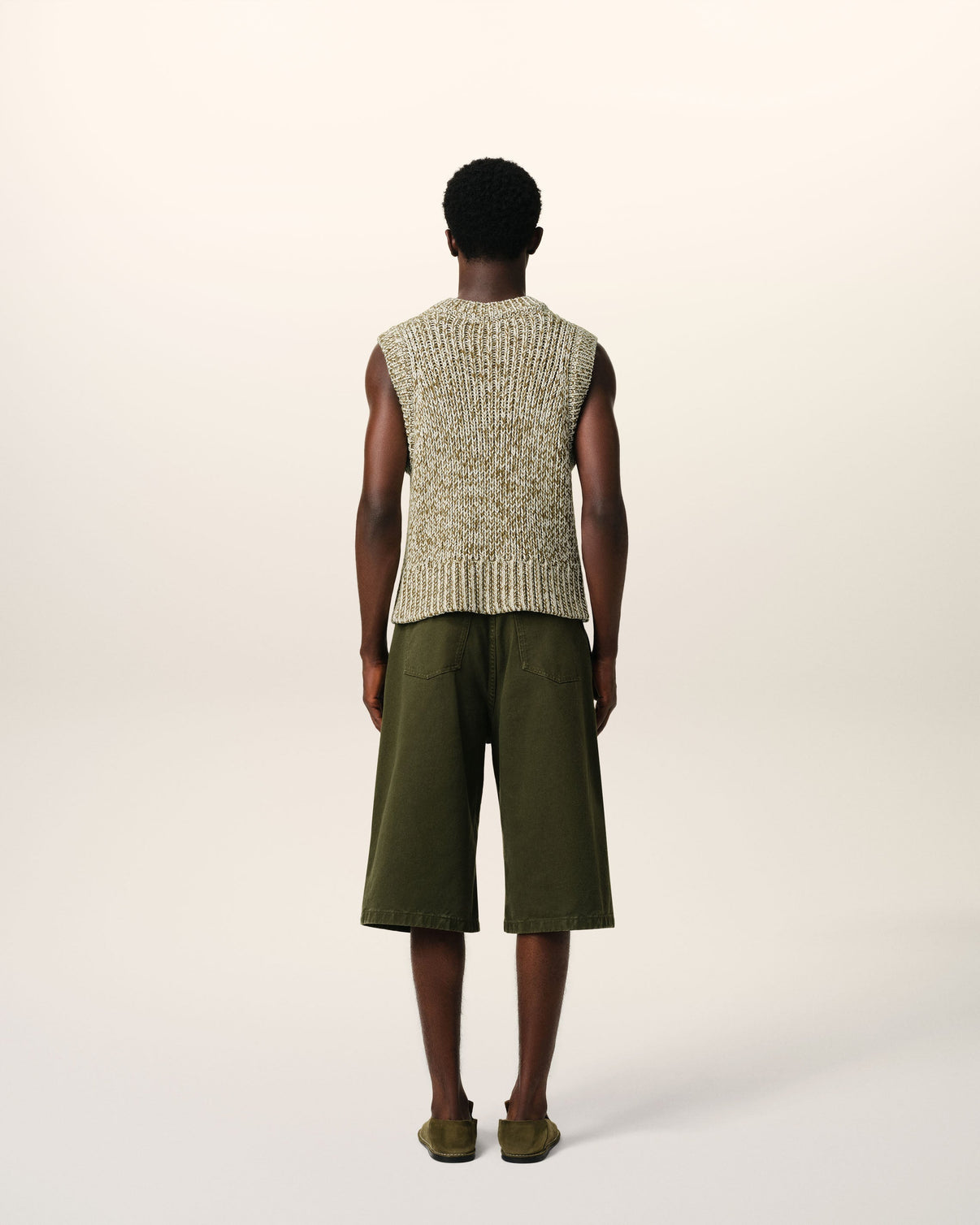 Green Cotton And Wool Sleeveless V Neck Sweater