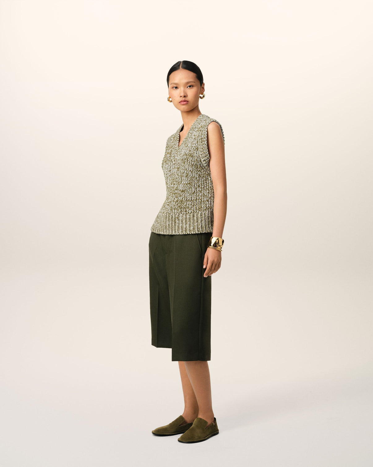 Green Cotton And Wool Sleeveless V Neck Sweater