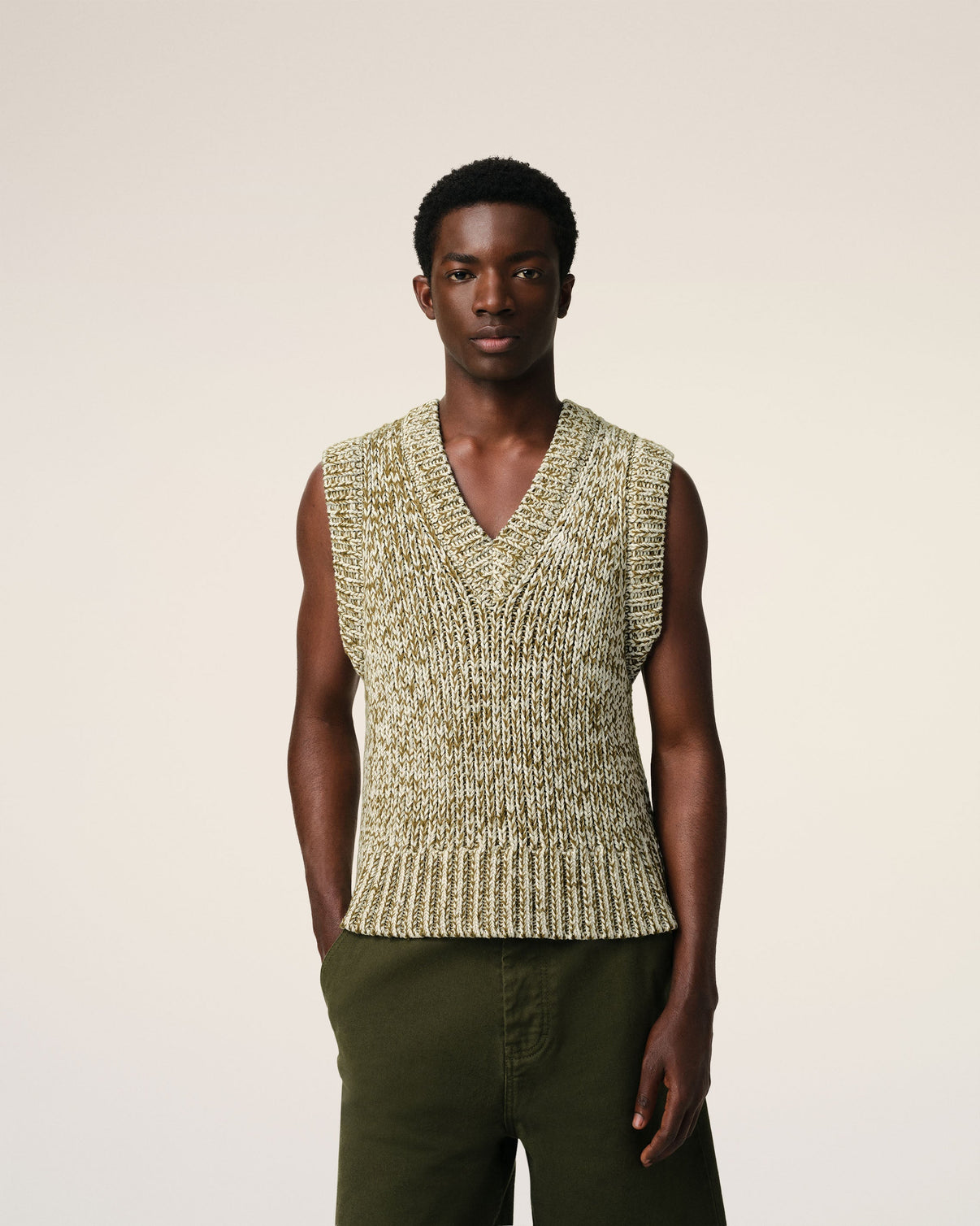 Green Cotton And Wool Sleeveless V Neck Sweater