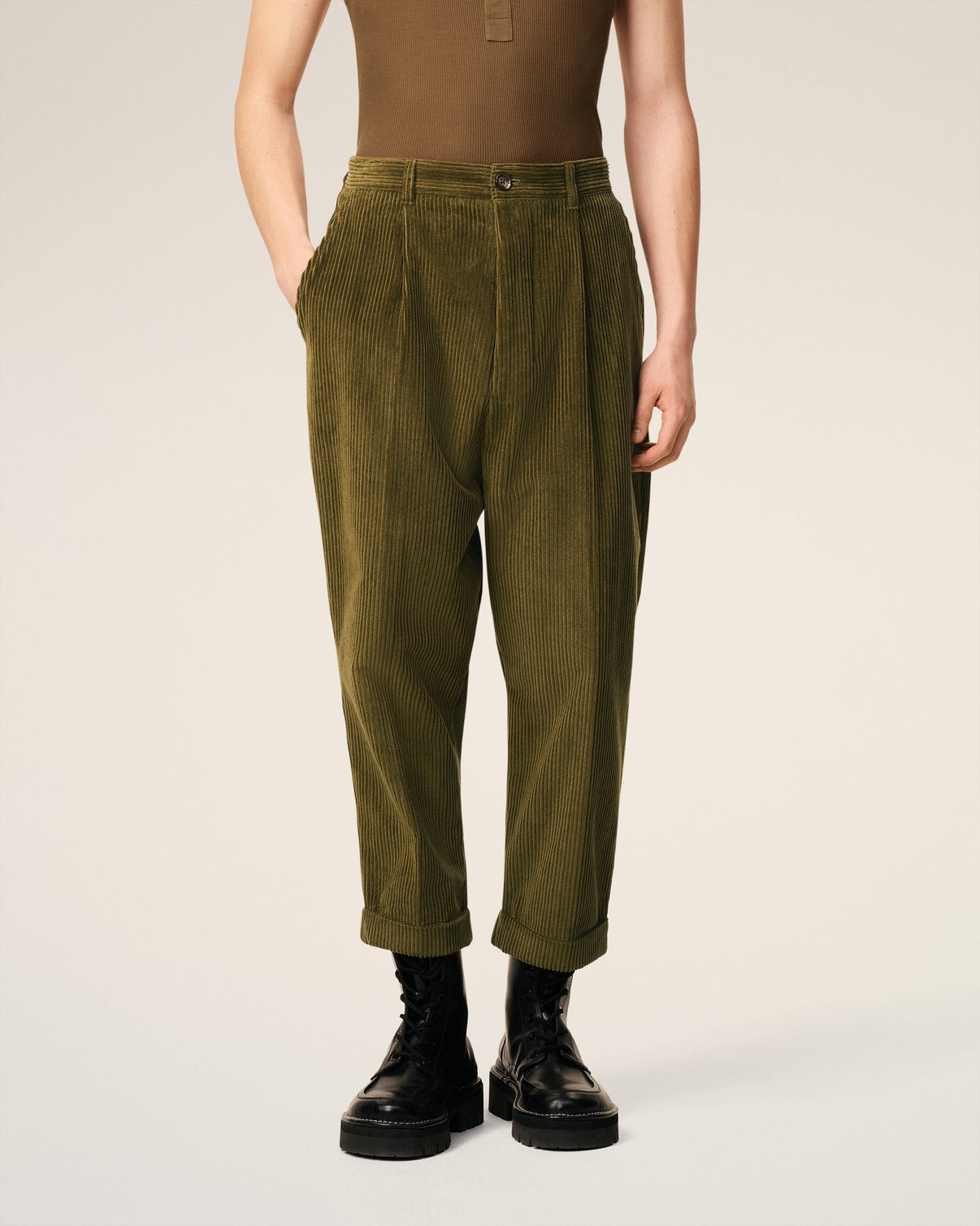 Green Cotton Carrot Corduroy Oversized Trousers