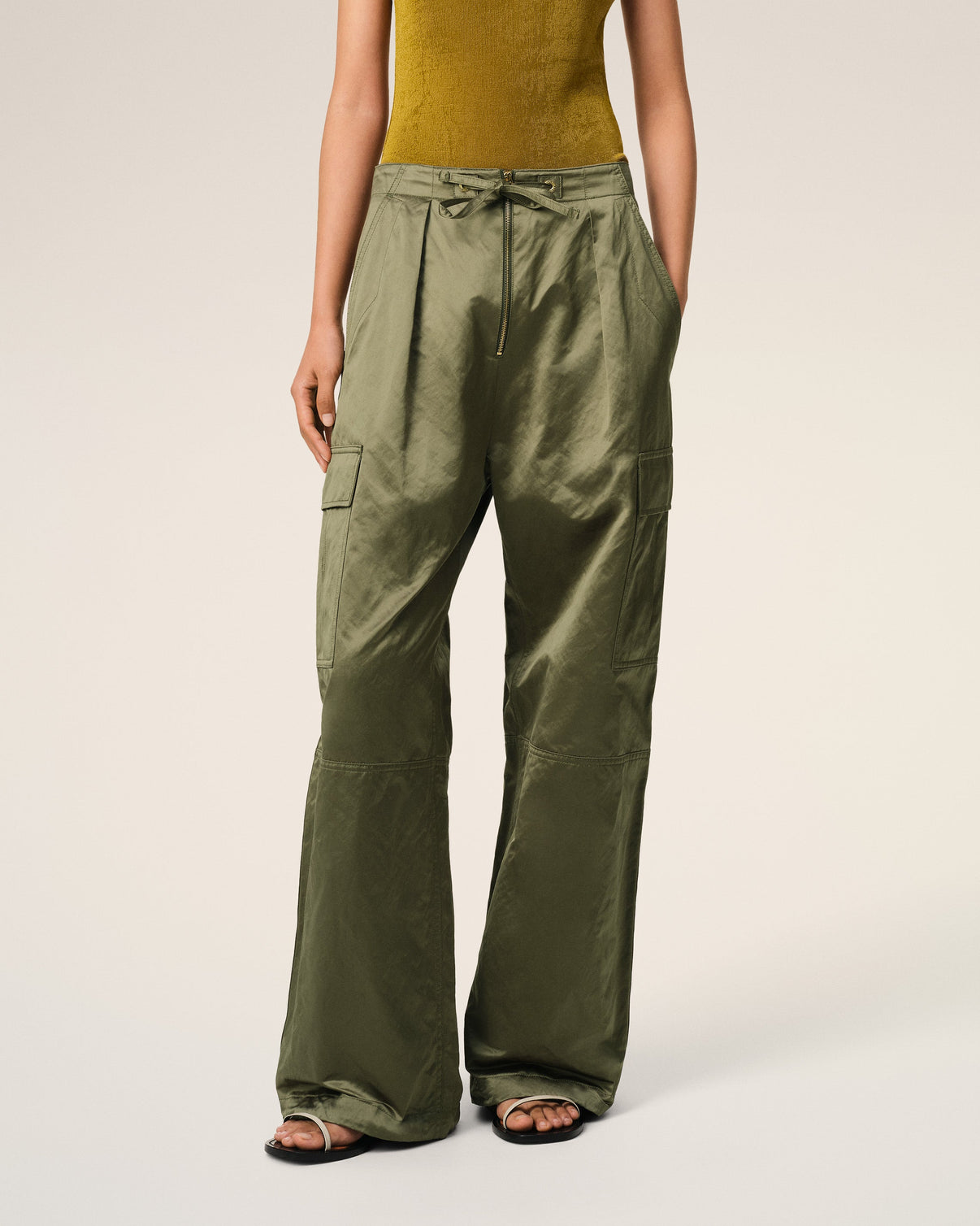 Green Cotton Satin Zipped Cargo Trousers