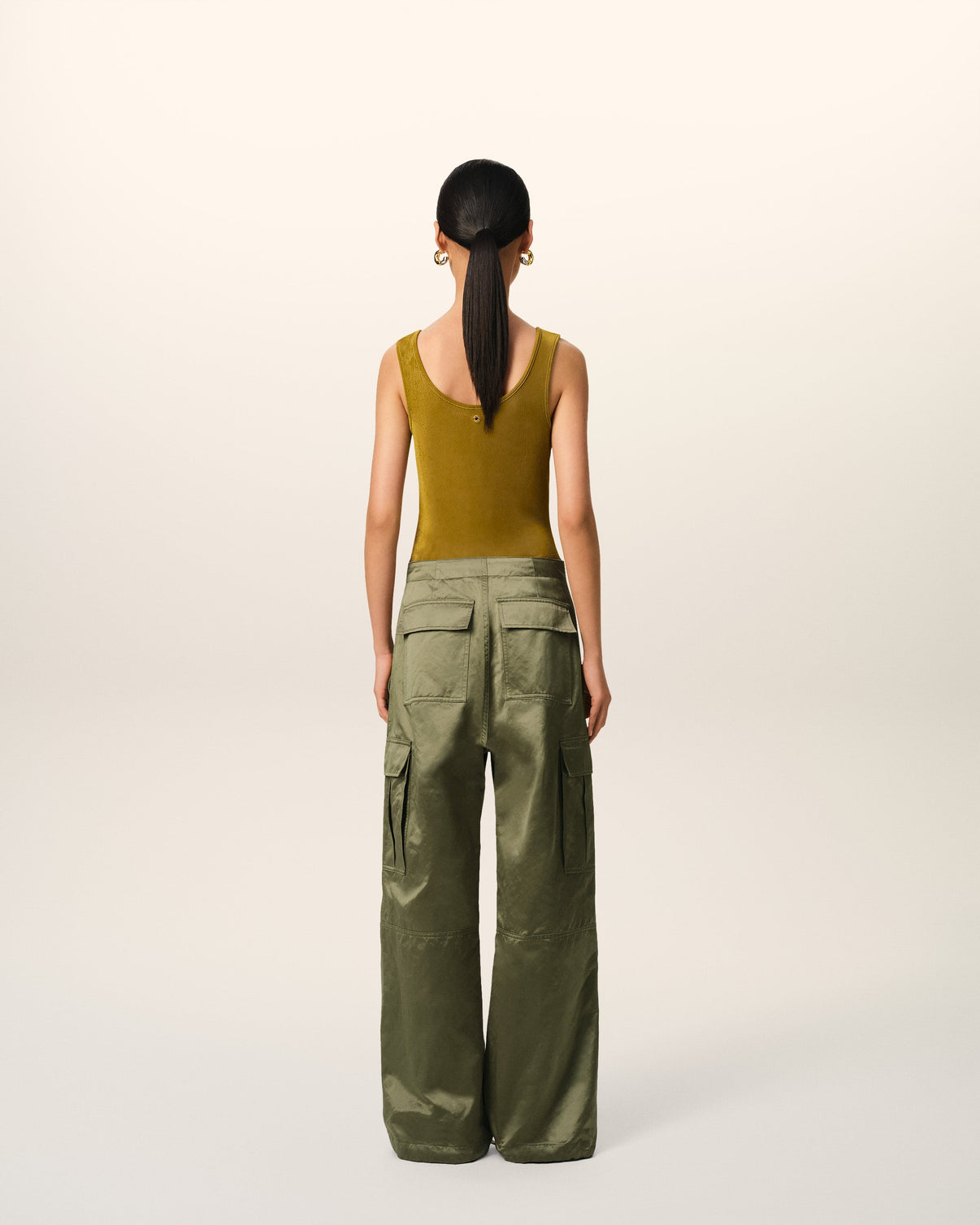 Green Cotton Satin Zipped Cargo Trousers
