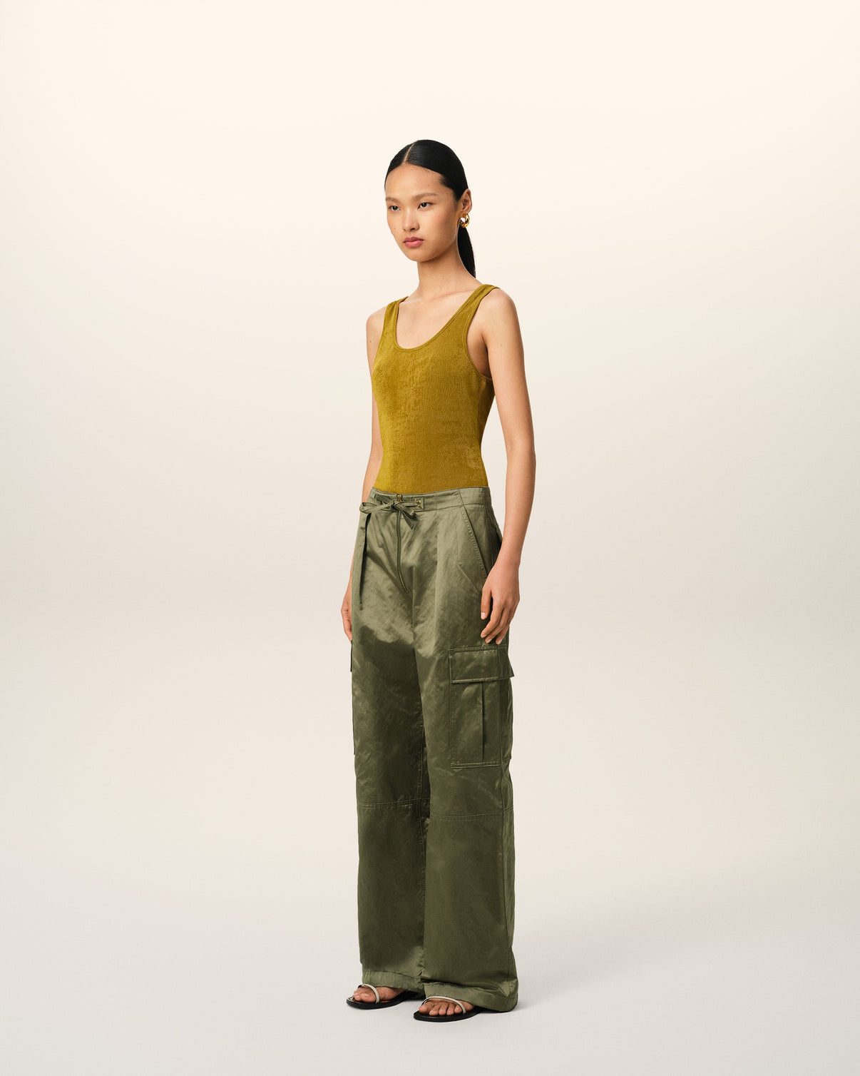Green Cotton Satin Zipped Cargo Trousers
