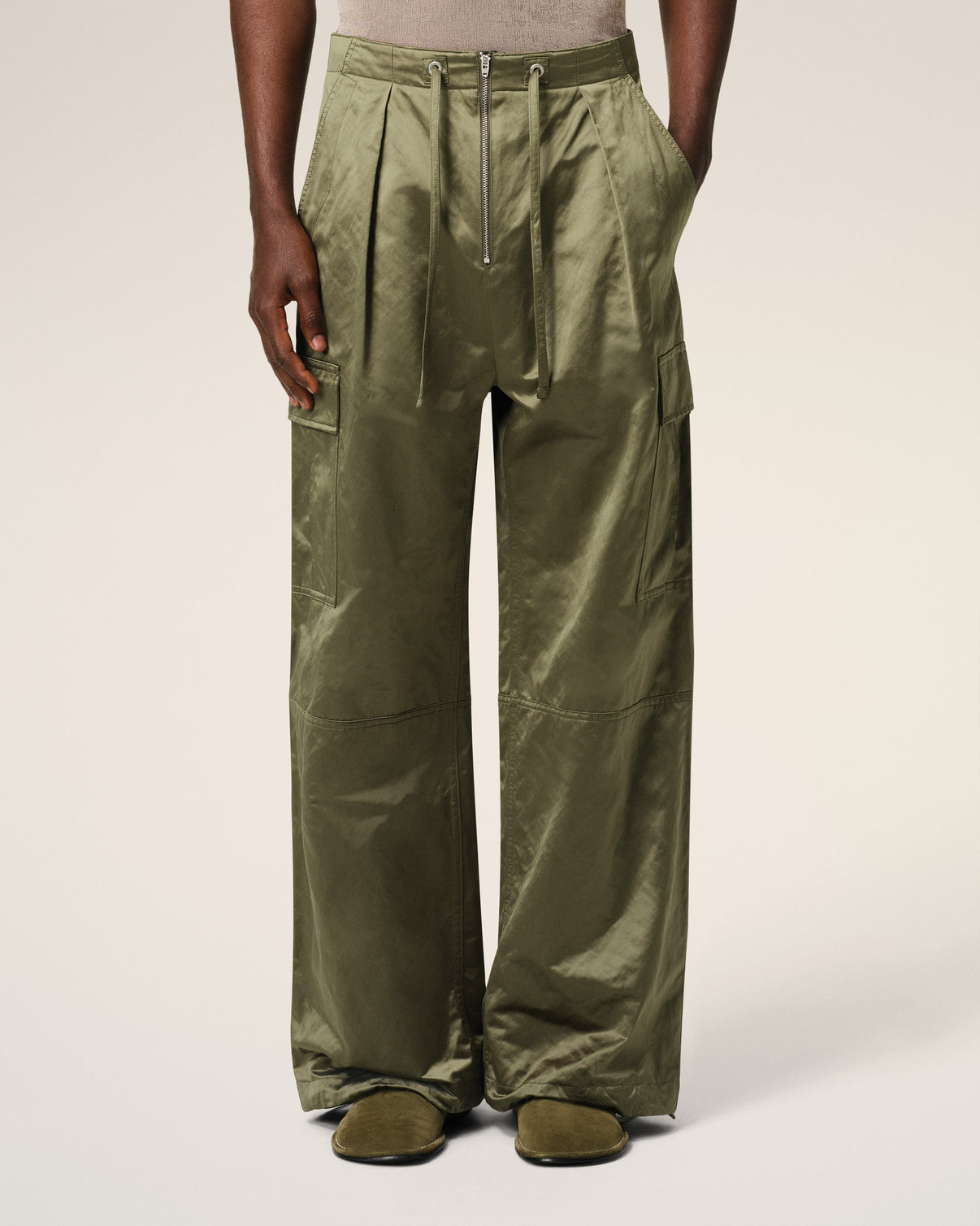 Green Cotton Satin Zipped Cargo Trousers