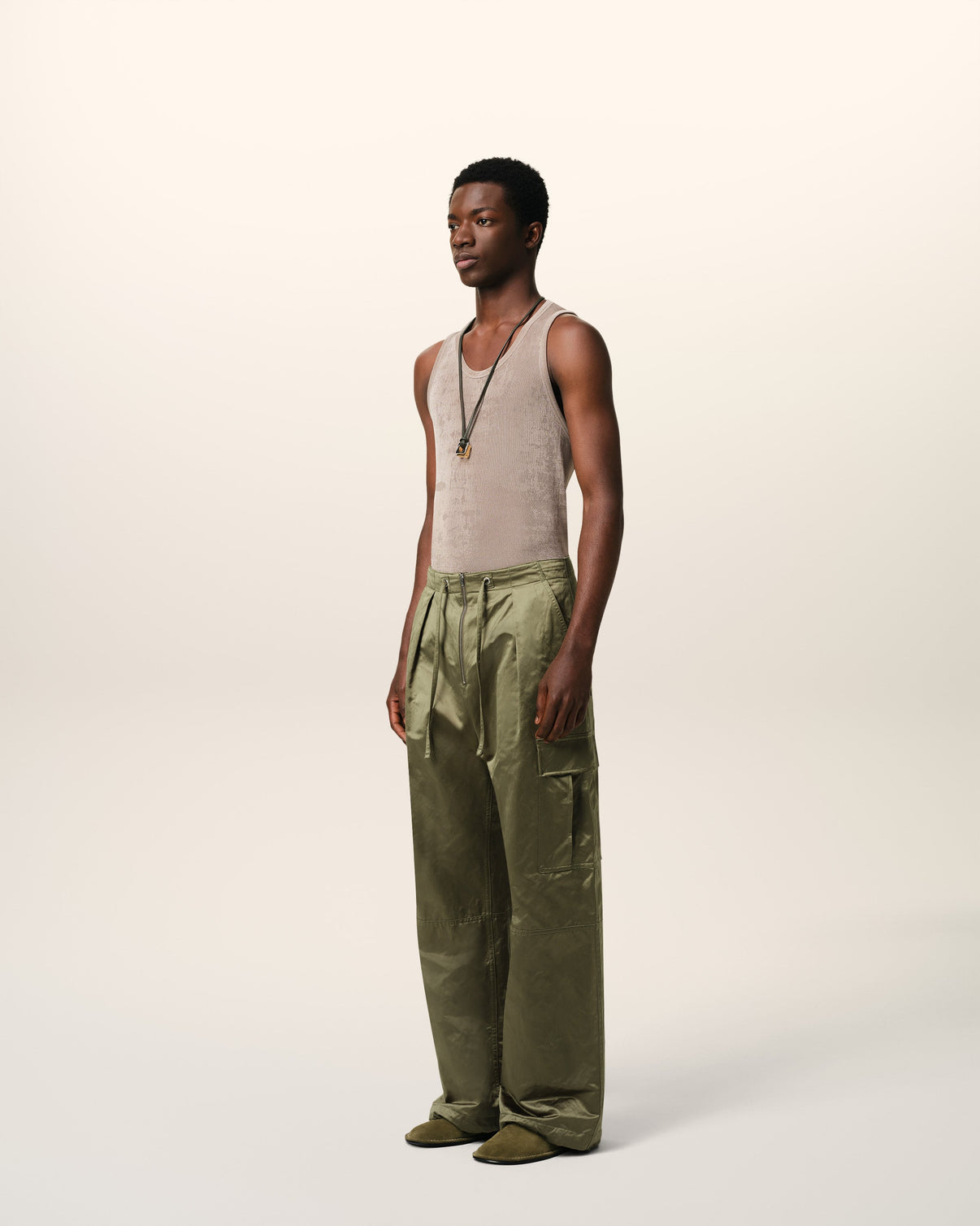 Green Cotton Satin Zipped Cargo Trousers