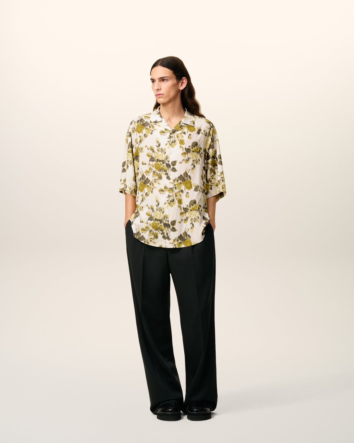 Green Flower Printed Short Sleeved Camp Shirt