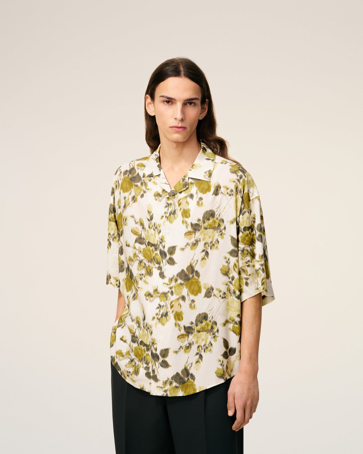 Green Flower Printed Short Sleeved Camp Shirt