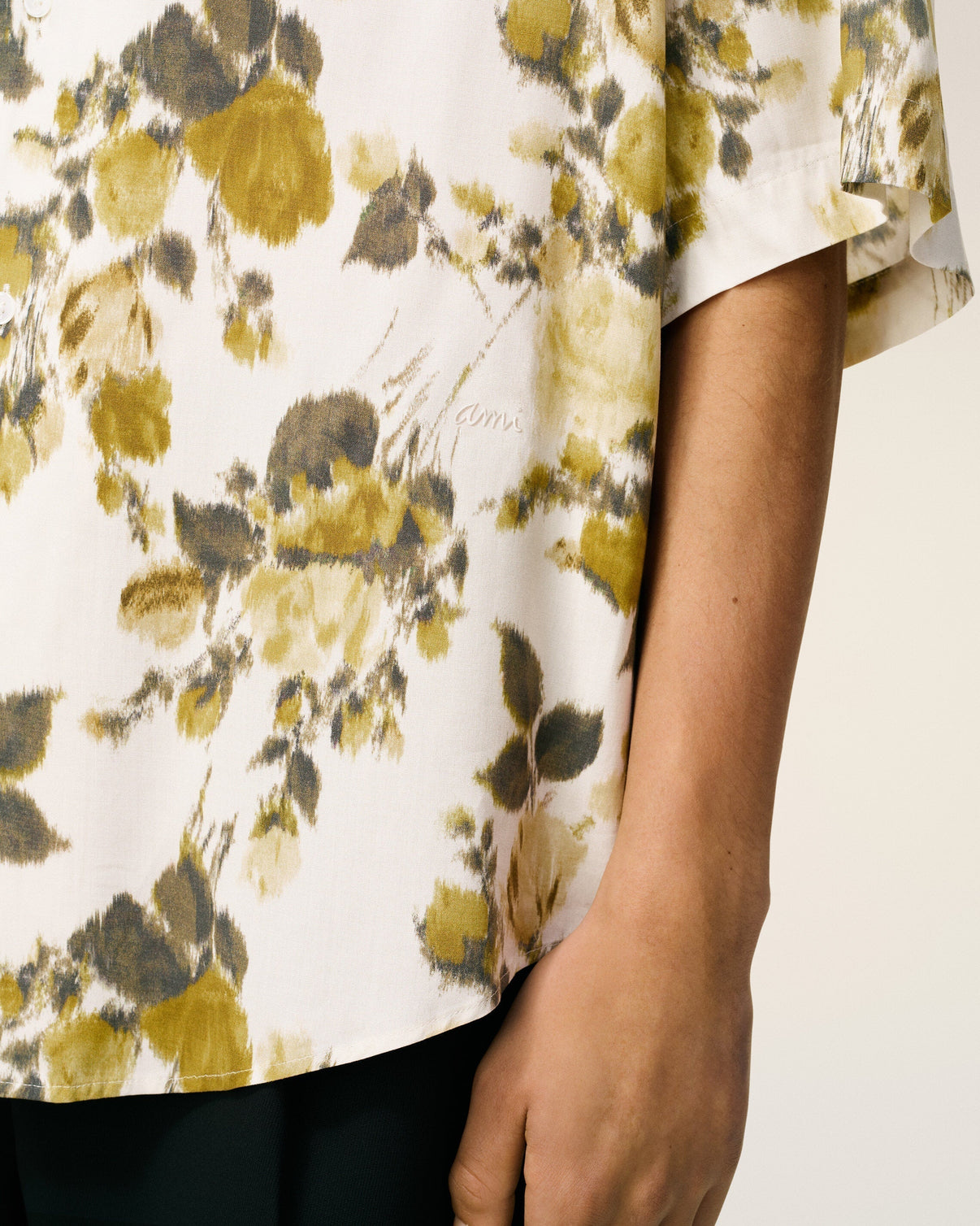 Green Flower Printed Short Sleeved Camp Shirt