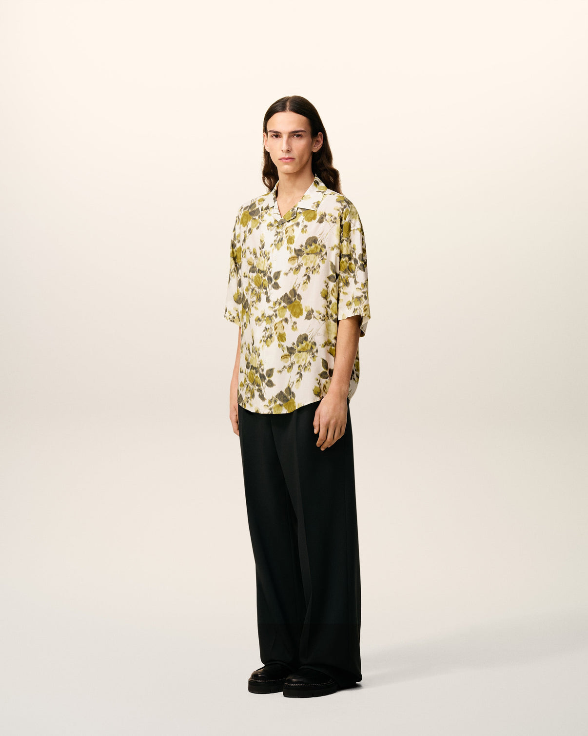 Green Flower Printed Short Sleeved Camp Shirt
