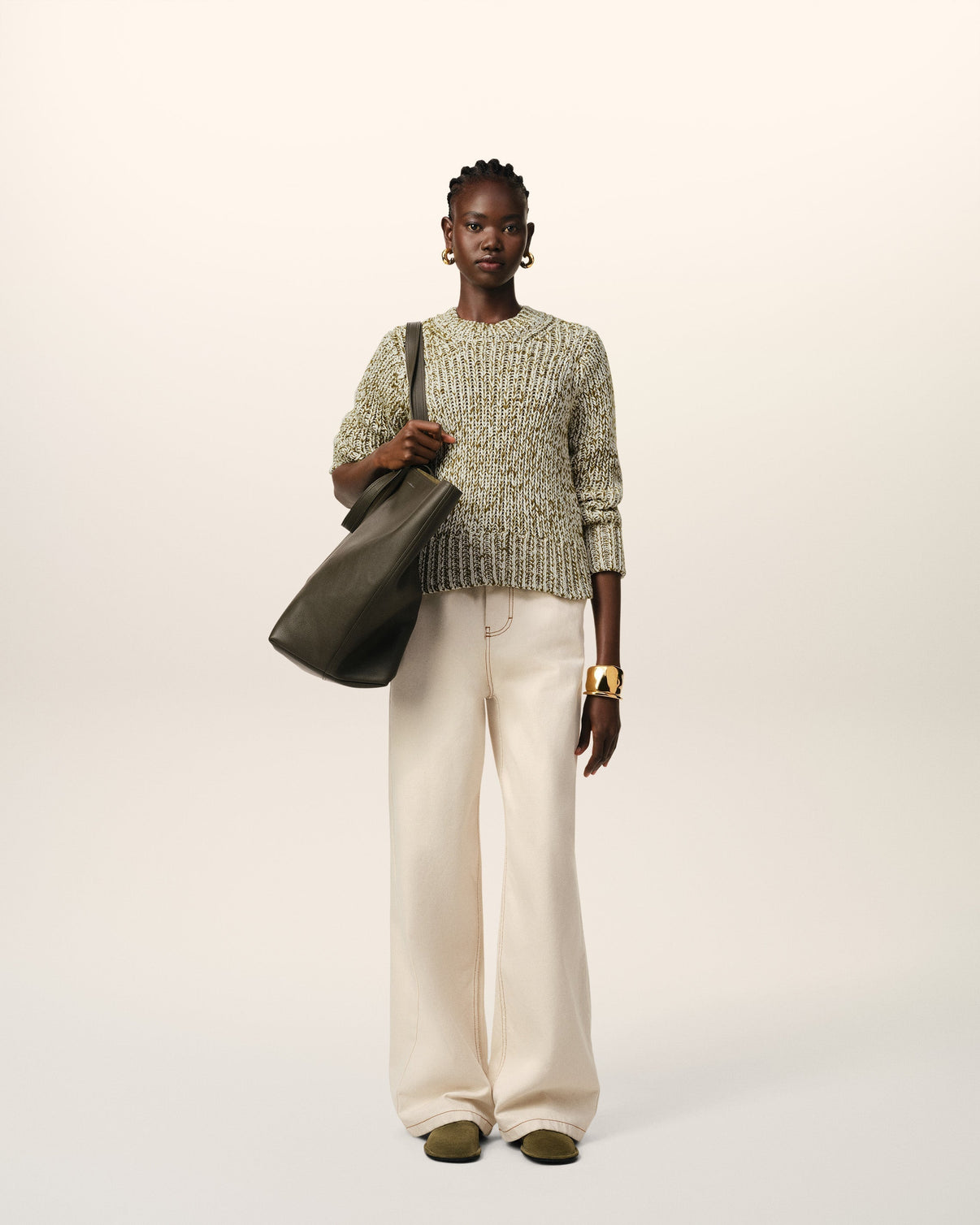 Green Mouliné Textured Knit Crewneck Sweater