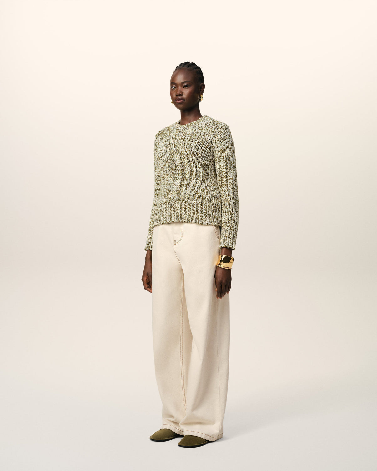 Green Mouliné Textured Knit Crewneck Sweater