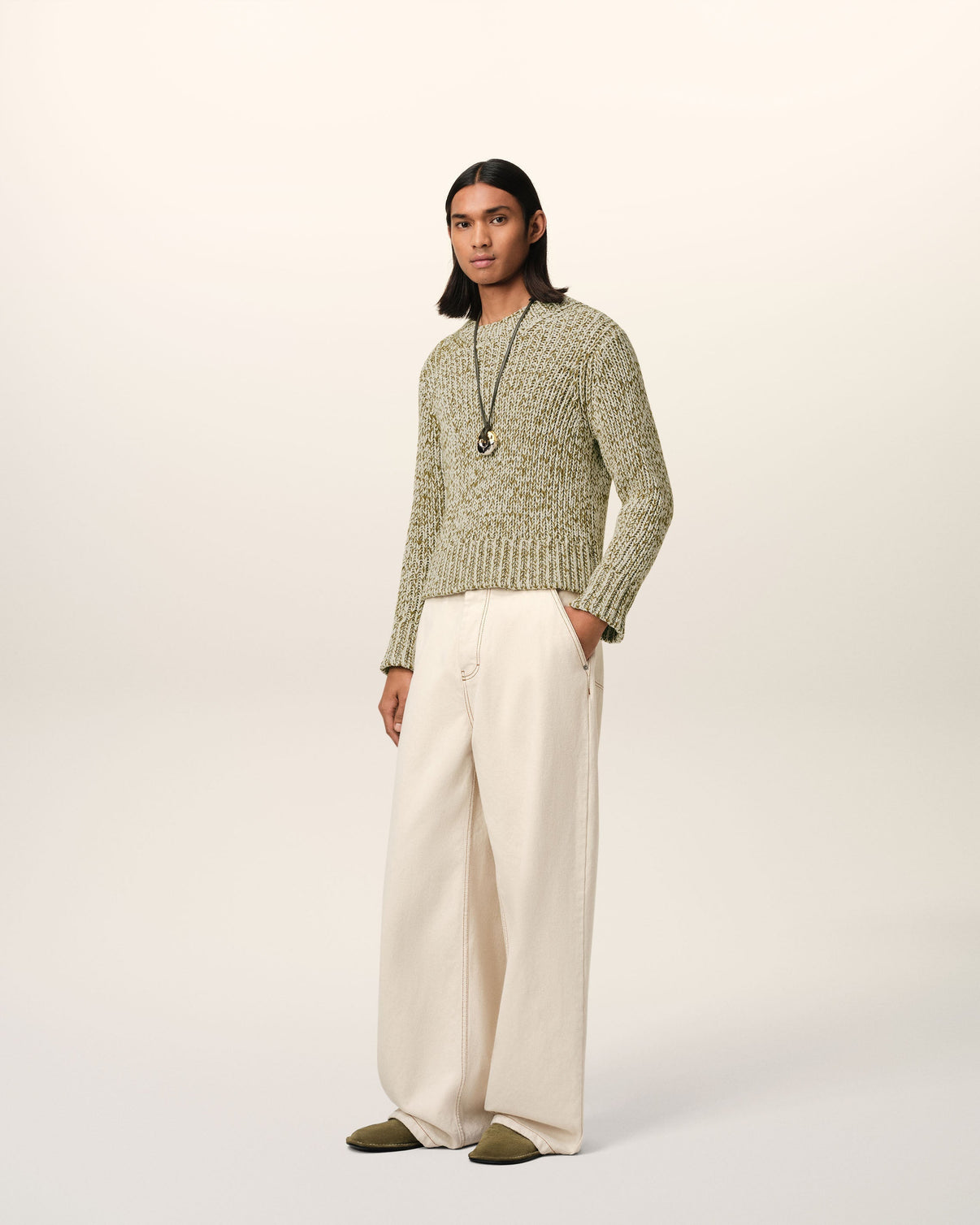 Green Mouliné Textured Knit Crewneck Sweater