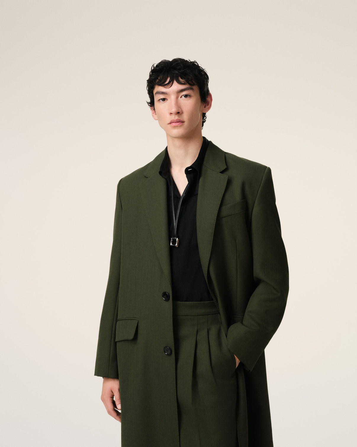 Green Wool Back Slit Long Coat