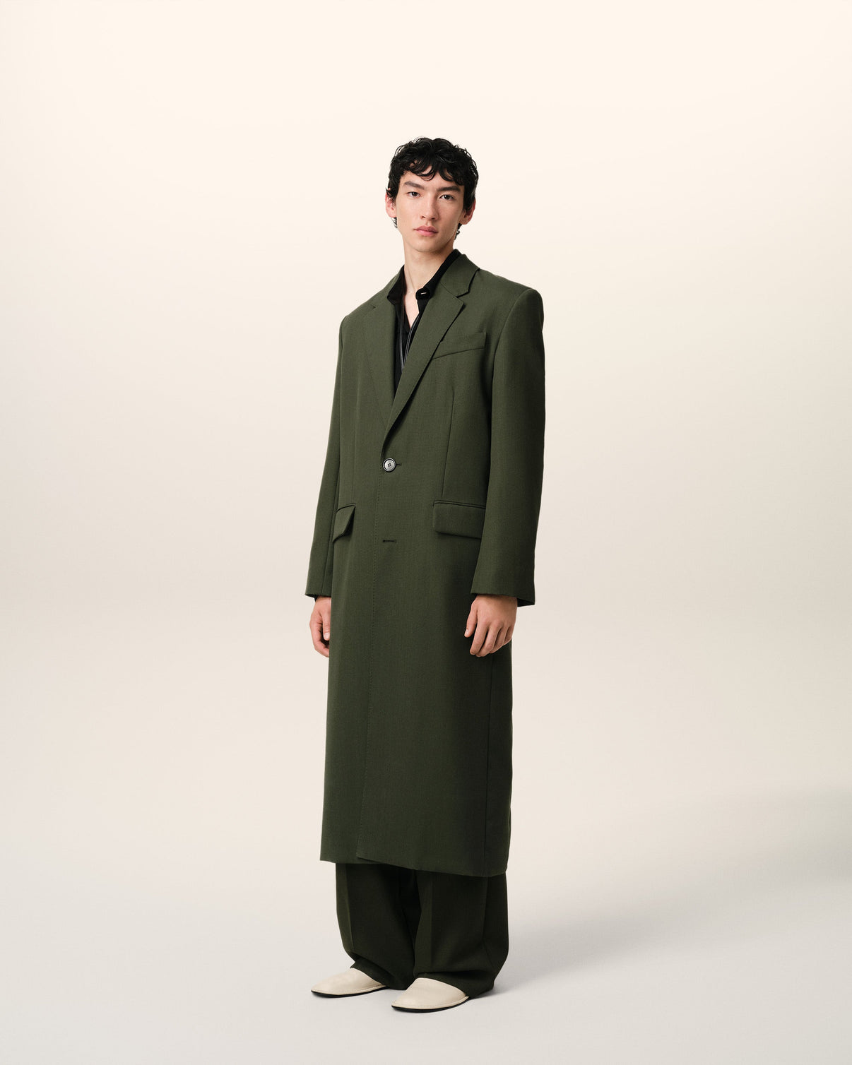 Green Wool Back Slit Long Coat