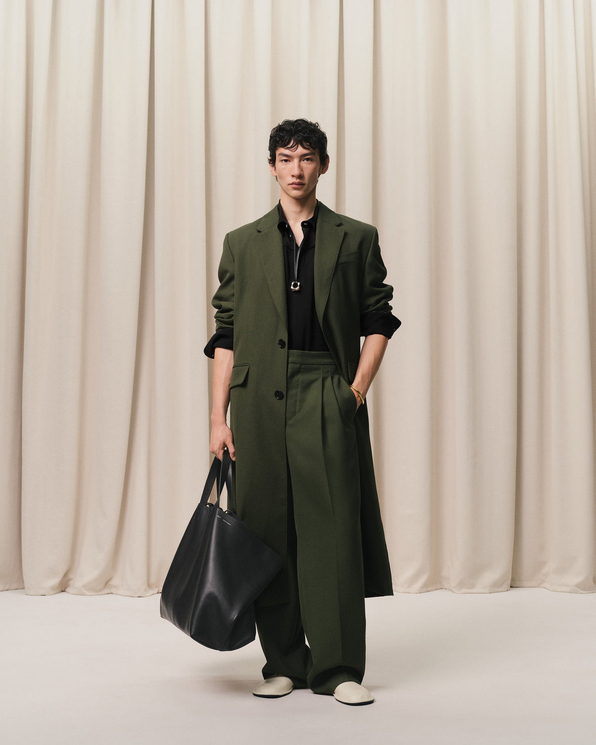 Green Wool Back Slit Long Coat