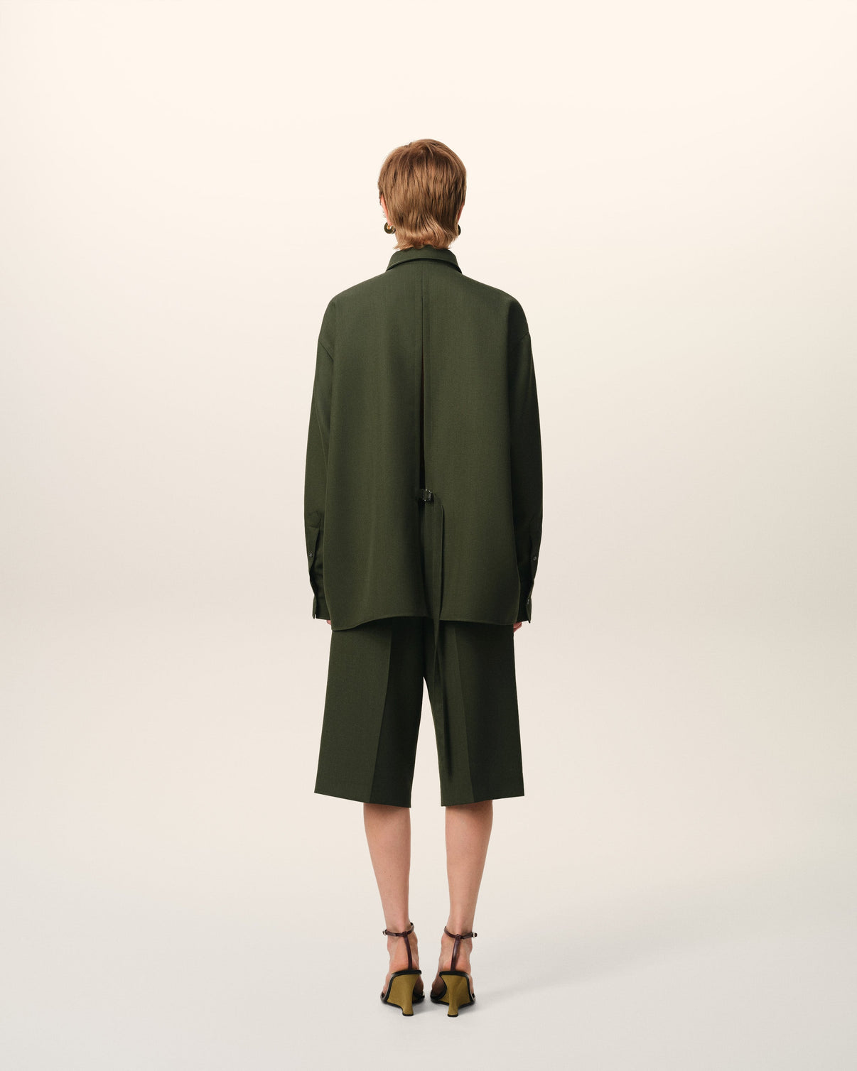Green Wool Back Slit Loose Shirt