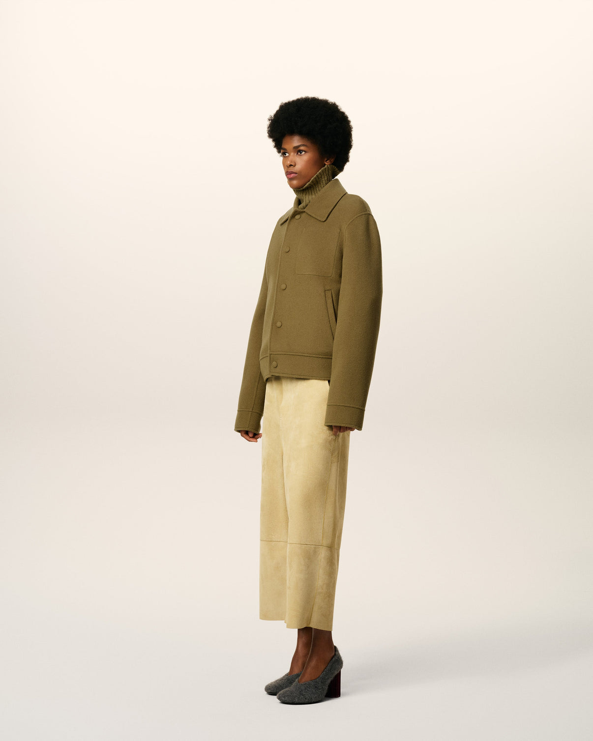 Green Wool Boxy Buttoned Jacket