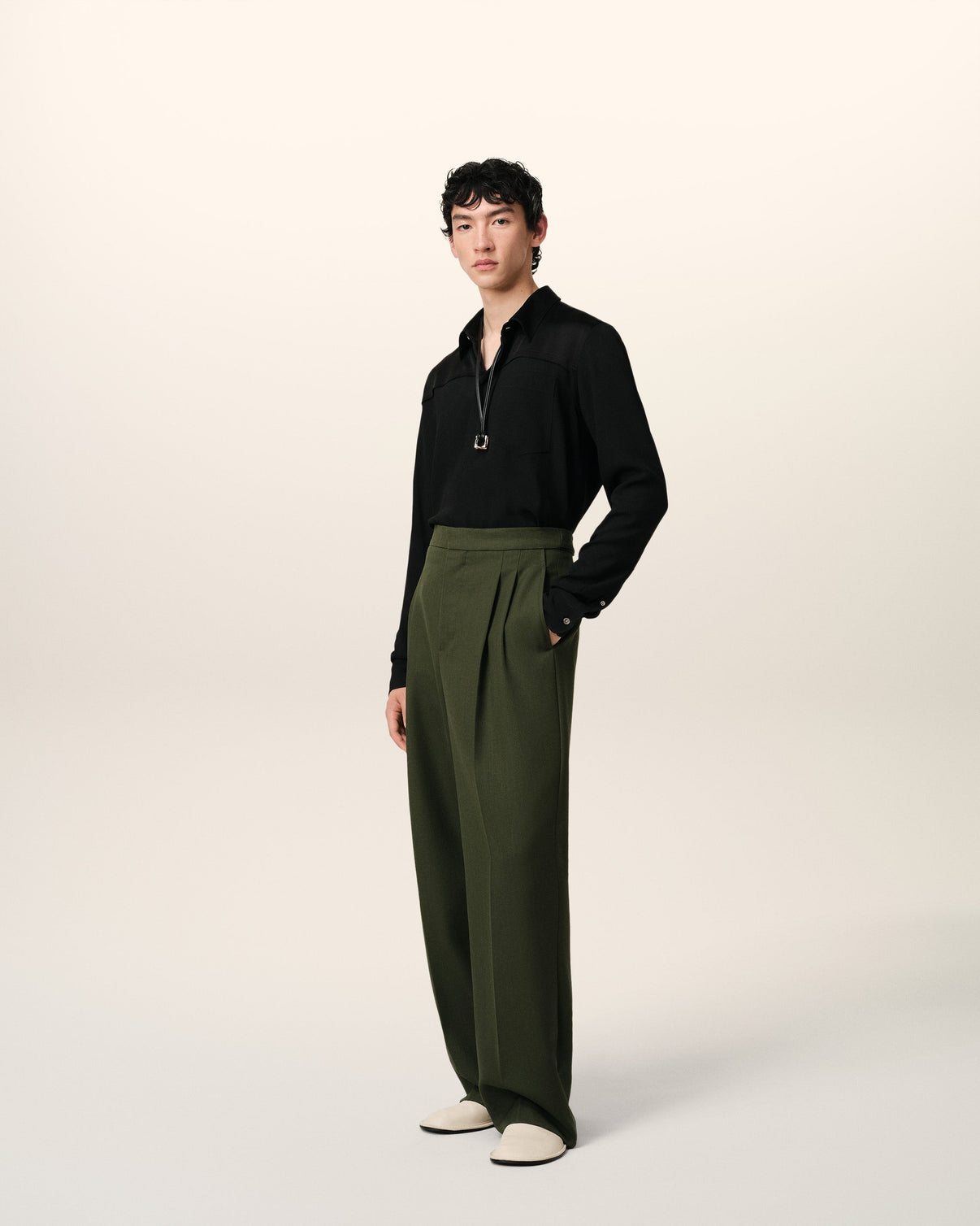 Green Wool Large Fit Trousers