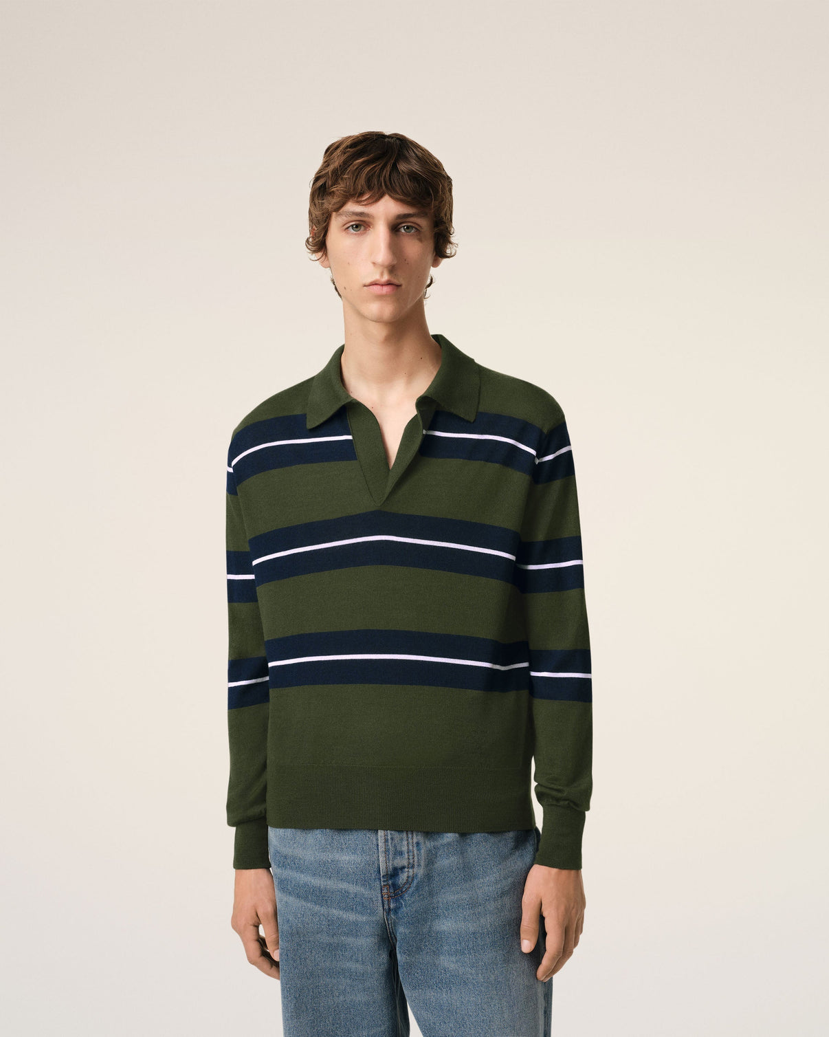 Green Wool Silk Tonal Striped Polo
