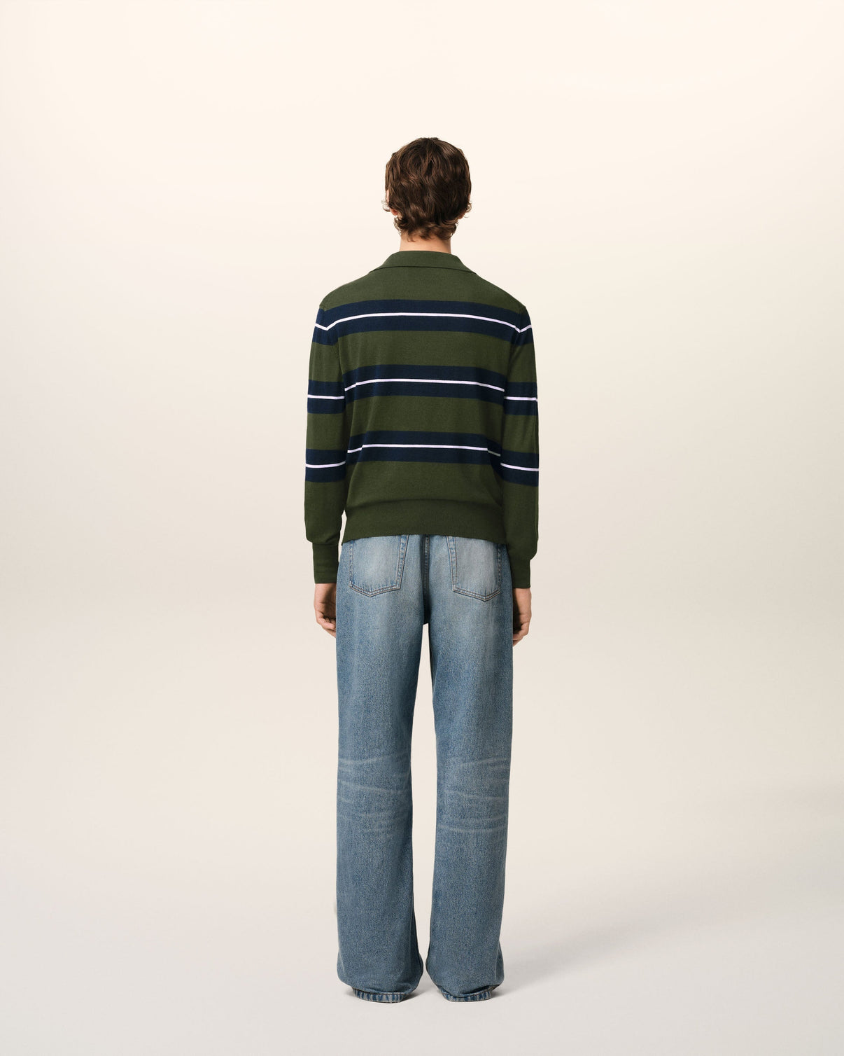 Green Wool Silk Tonal Striped Polo