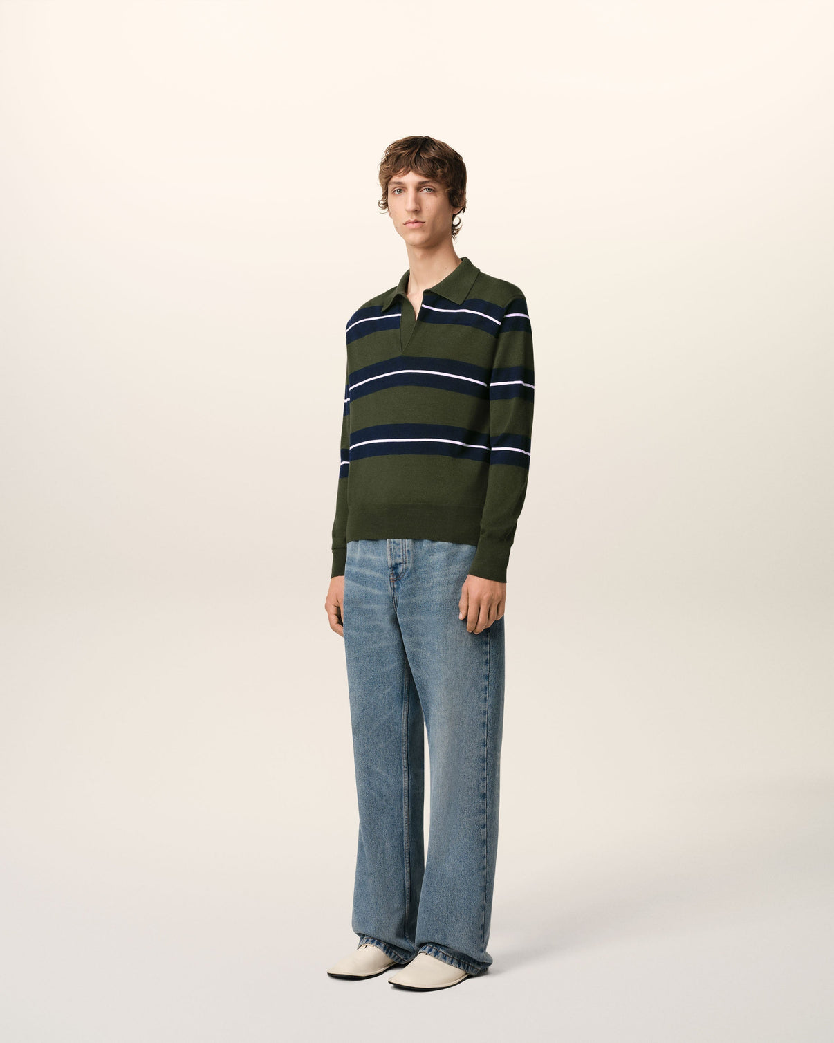 Green Wool Silk Tonal Striped Polo