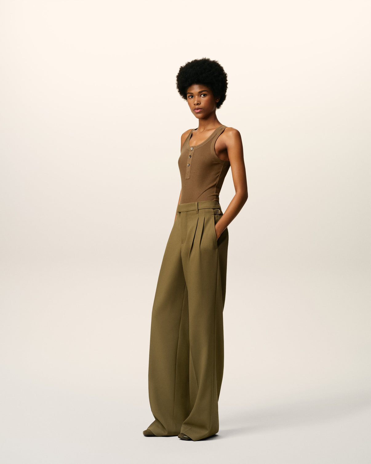 Green Wool Tabs Wide Trousers