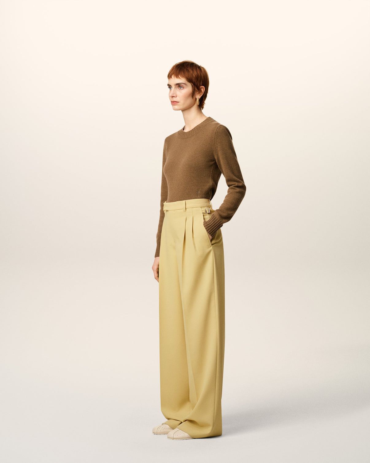 Green Wool Tabs Wide Trousers