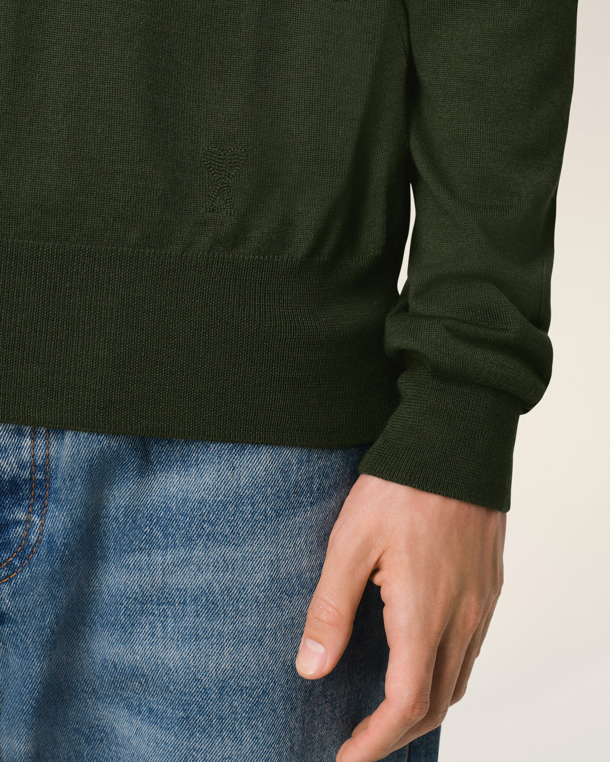 Green Wool Tonal V Neck Sweater