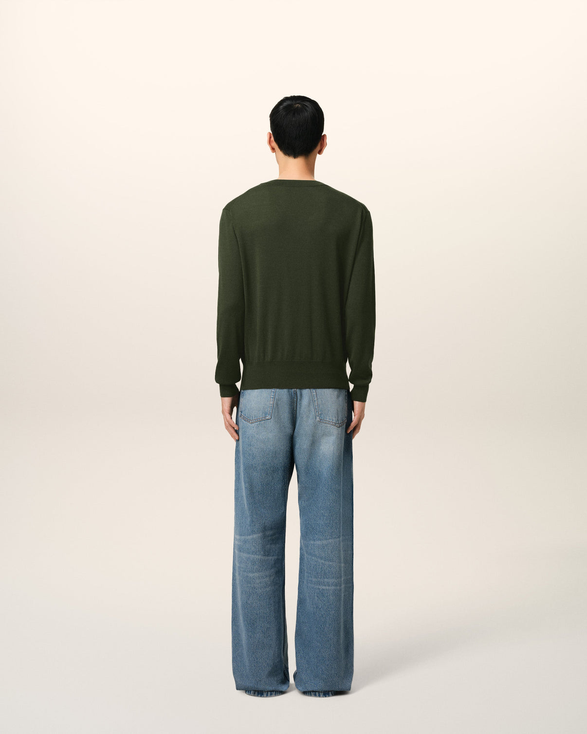 Green Wool Tonal V Neck Sweater