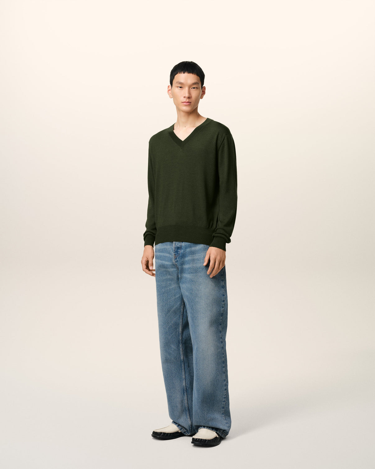 Green Wool Tonal V Neck Sweater