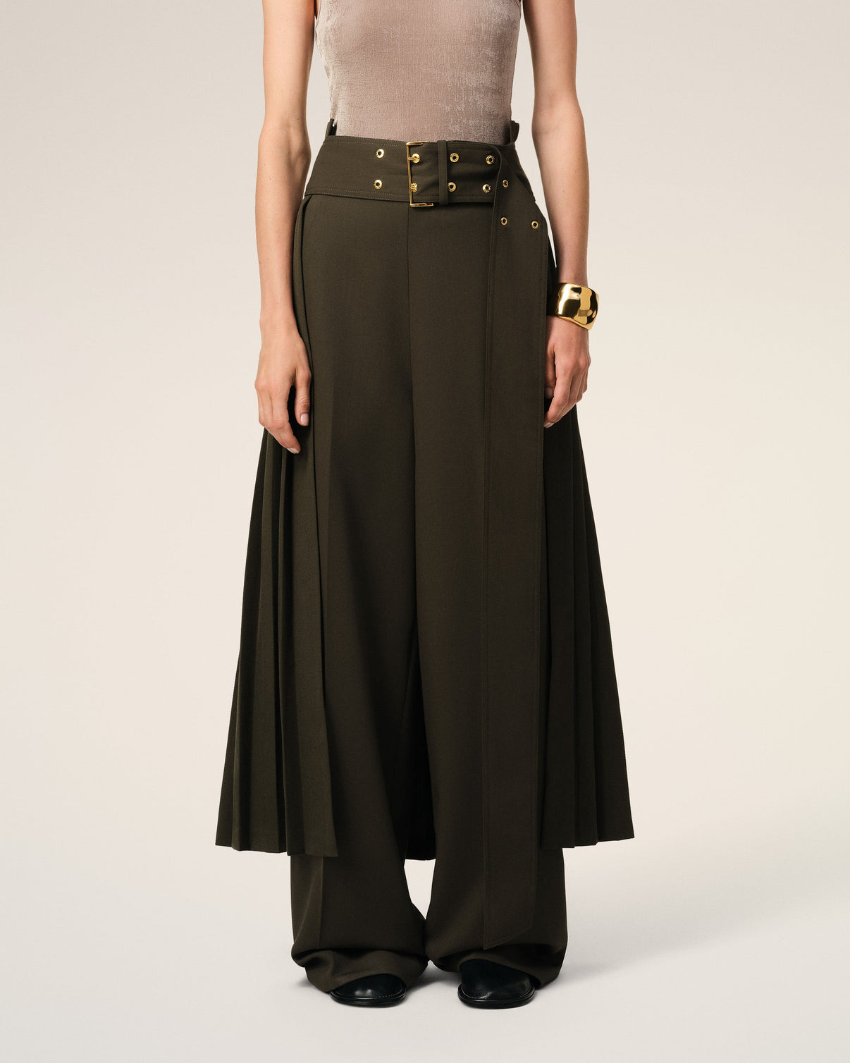 Green Wool Twill Belted Pleated Skirt