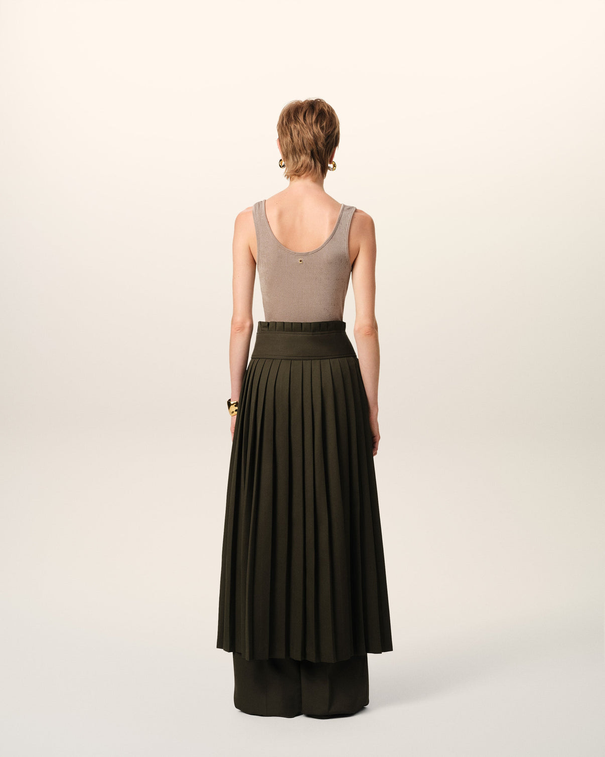 Green Wool Twill Belted Pleated Skirt