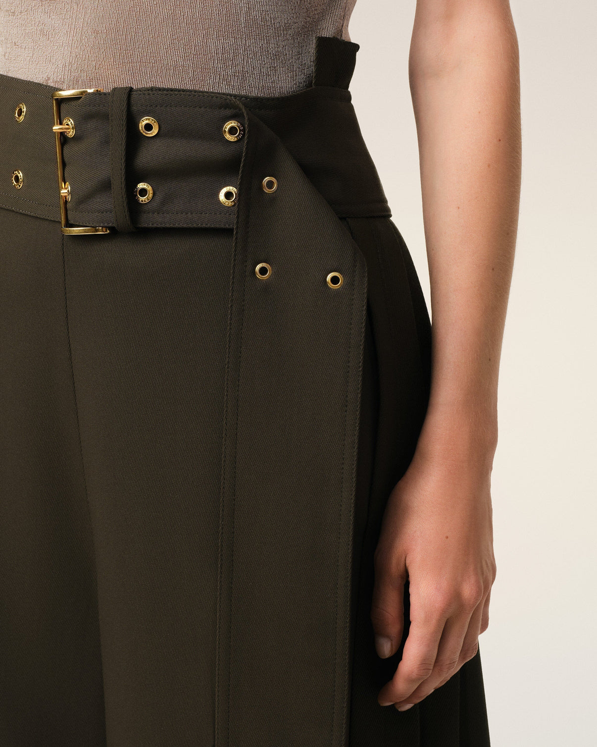 Green Wool Twill Belted Pleated Skirt