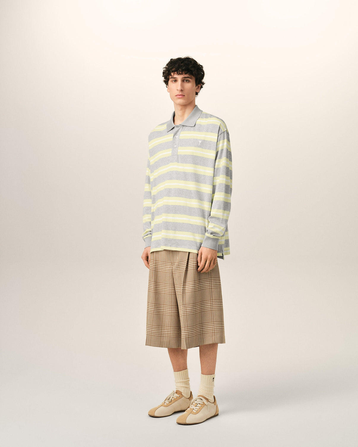 Grey And Yellow Strapped Cotton Polo