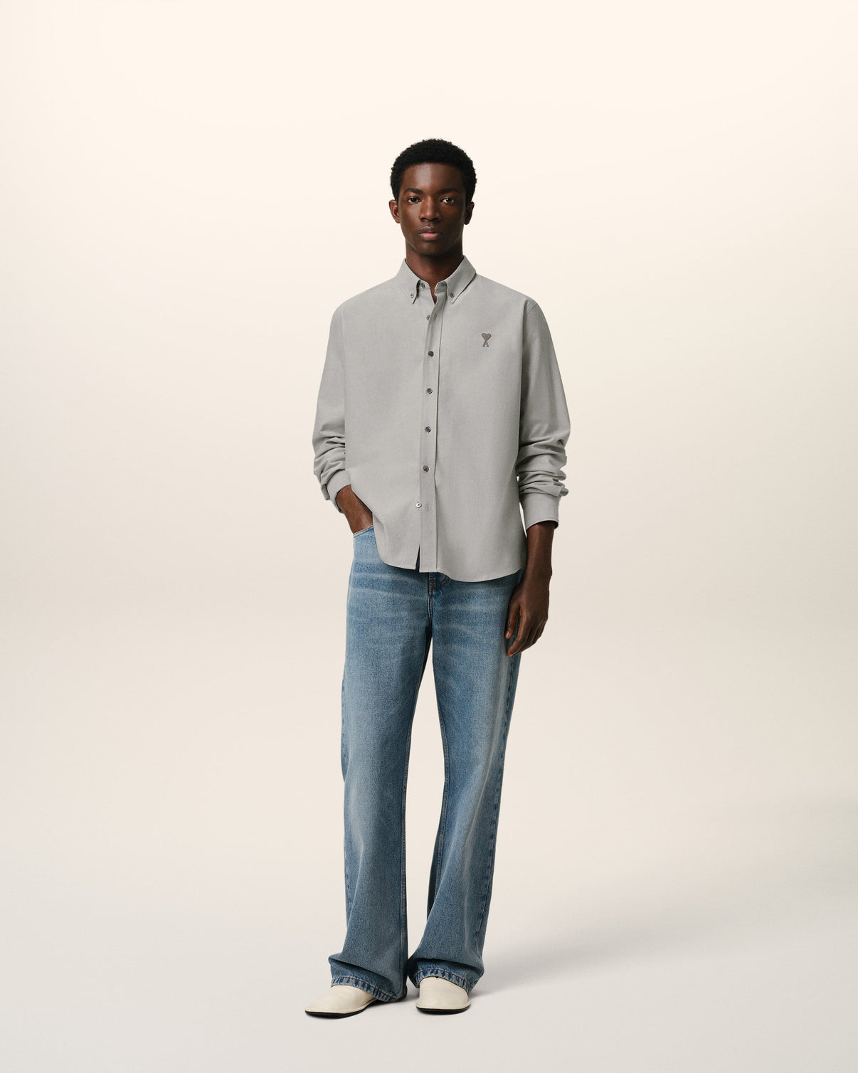 Grey Cotton Button-Down Shirt