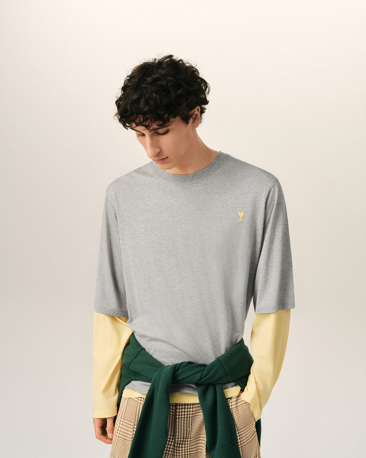 Grey Cotton Double-Sleeve Effect T-Shirt