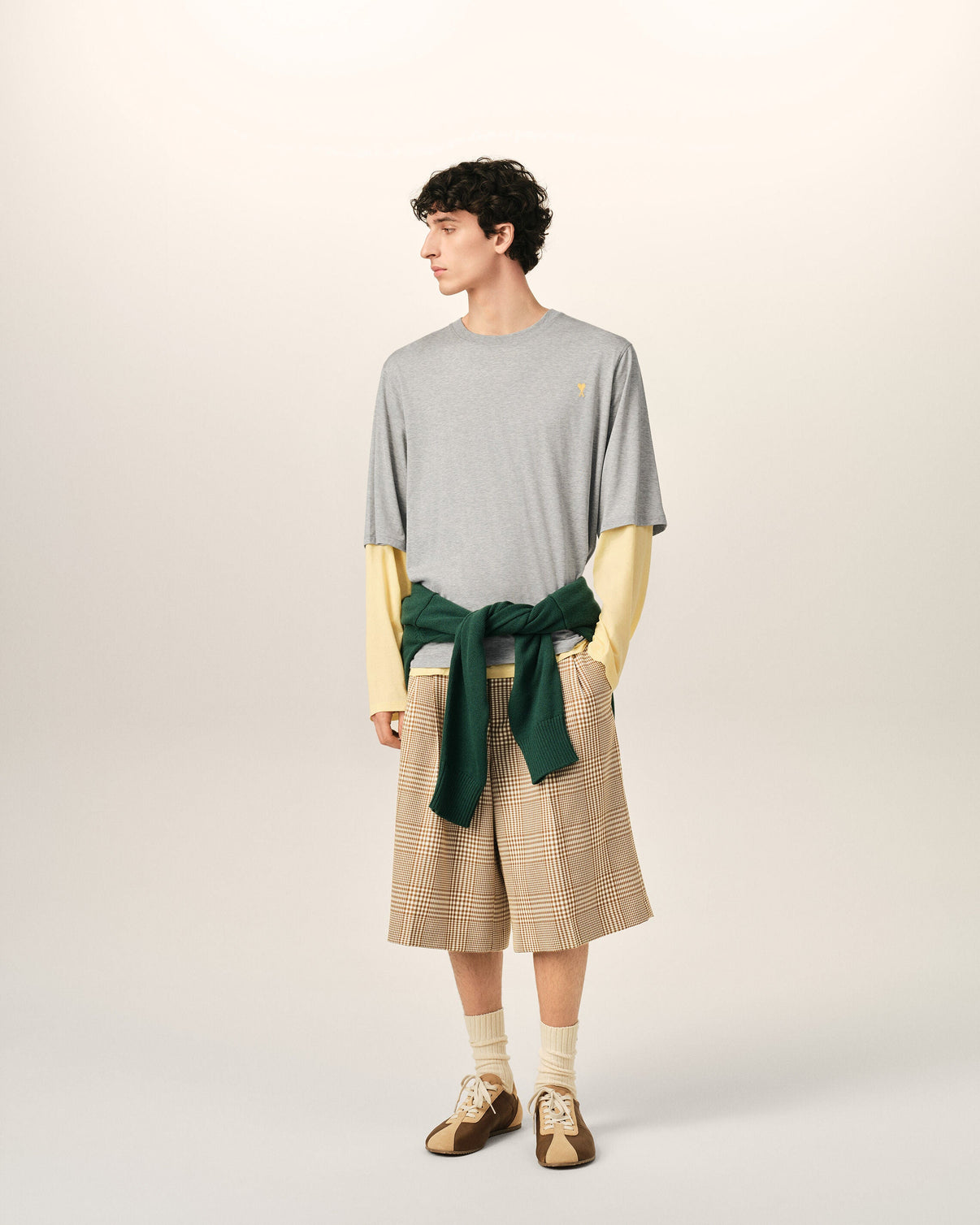 Grey Cotton Double-Sleeve Effect T-Shirt