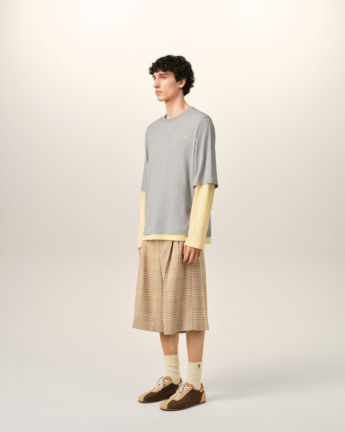 Grey Cotton Double-Sleeve Effect T-Shirt