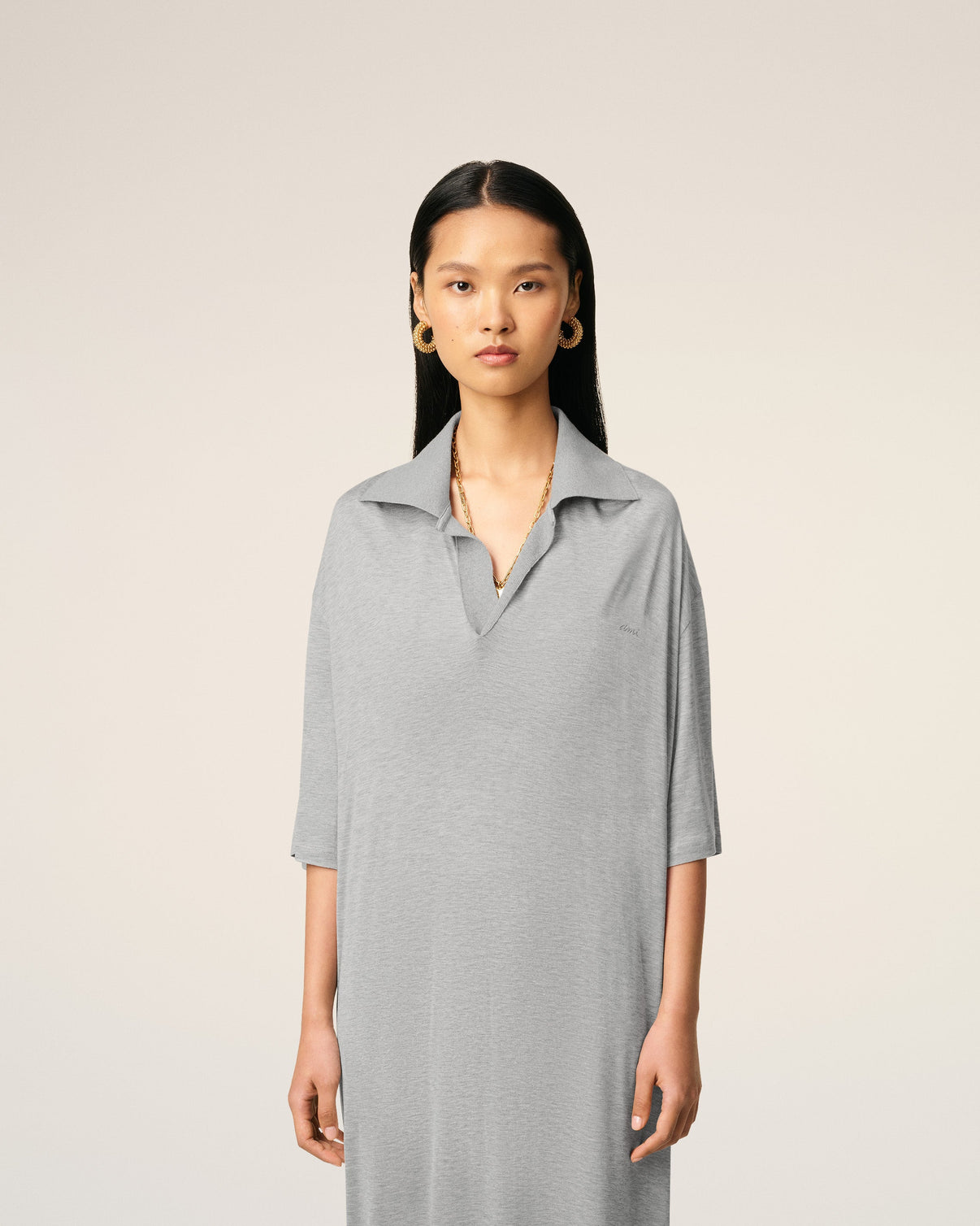 Grey Cotton Short Sleeve Long Polo Dress