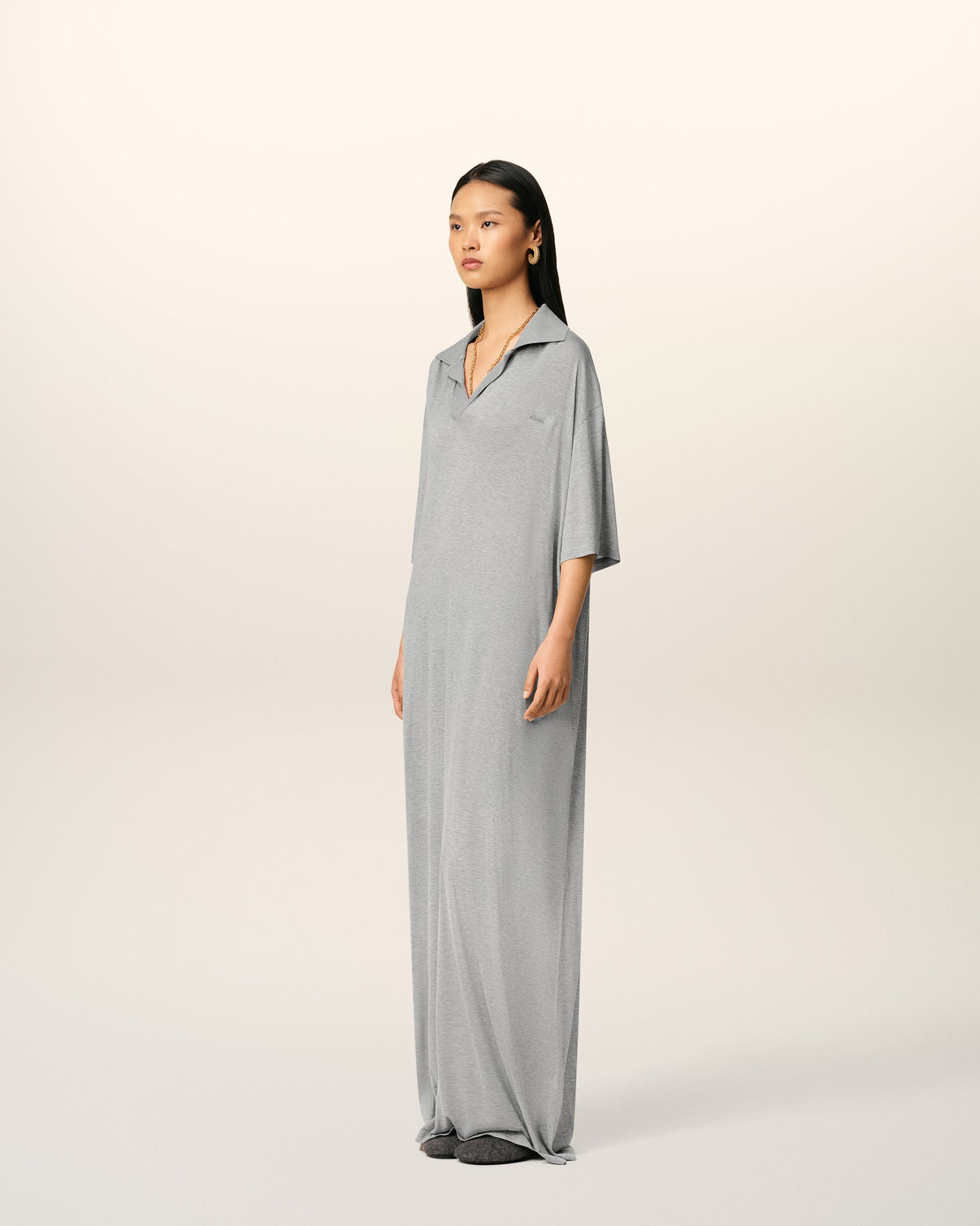 Grey Cotton Short Sleeve Long Polo Dress