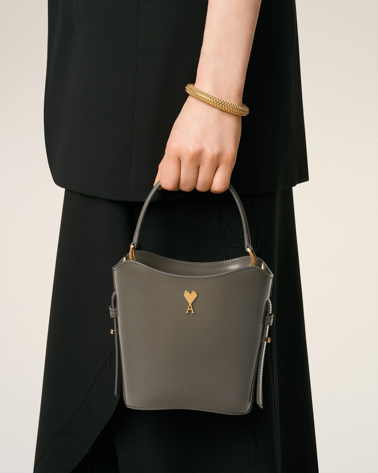 Grey Glazed Leather Mini Paris Paris Bucket Bag