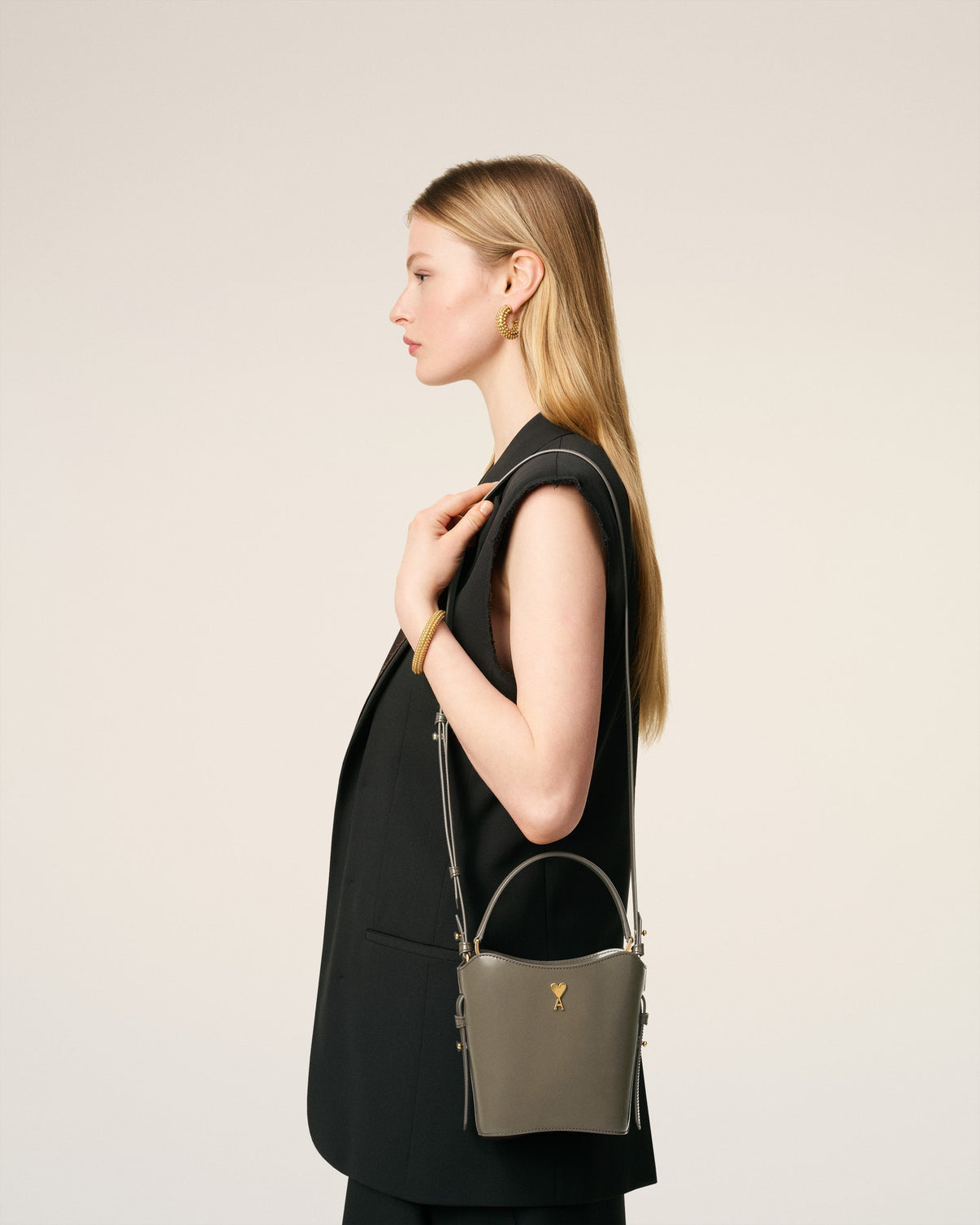 Grey Glazed Leather Mini Paris Paris Bucket Bag