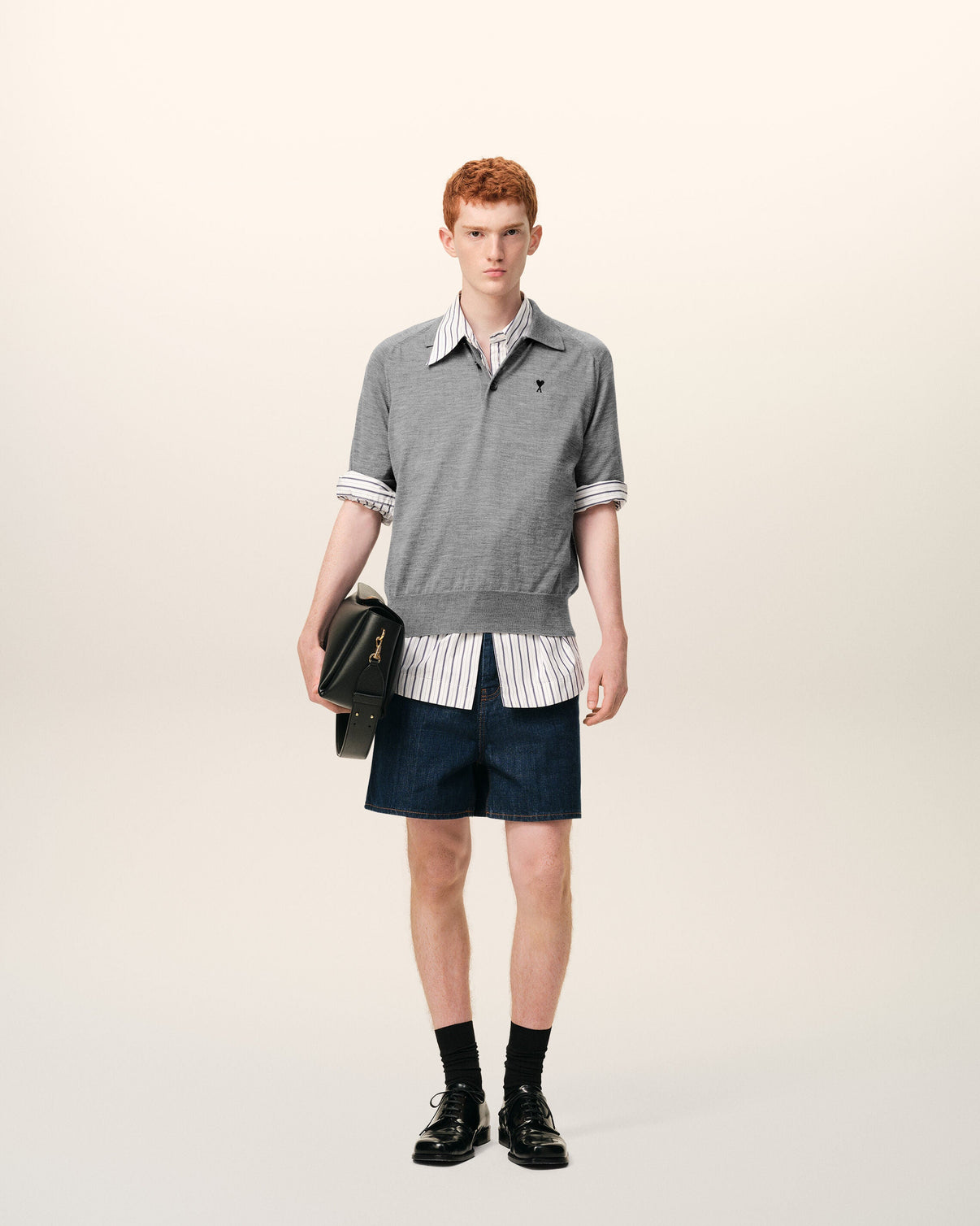 Grey Wool Short Sleeves Polo